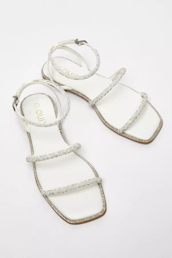 White Diamante Double Strap Flat Sandals