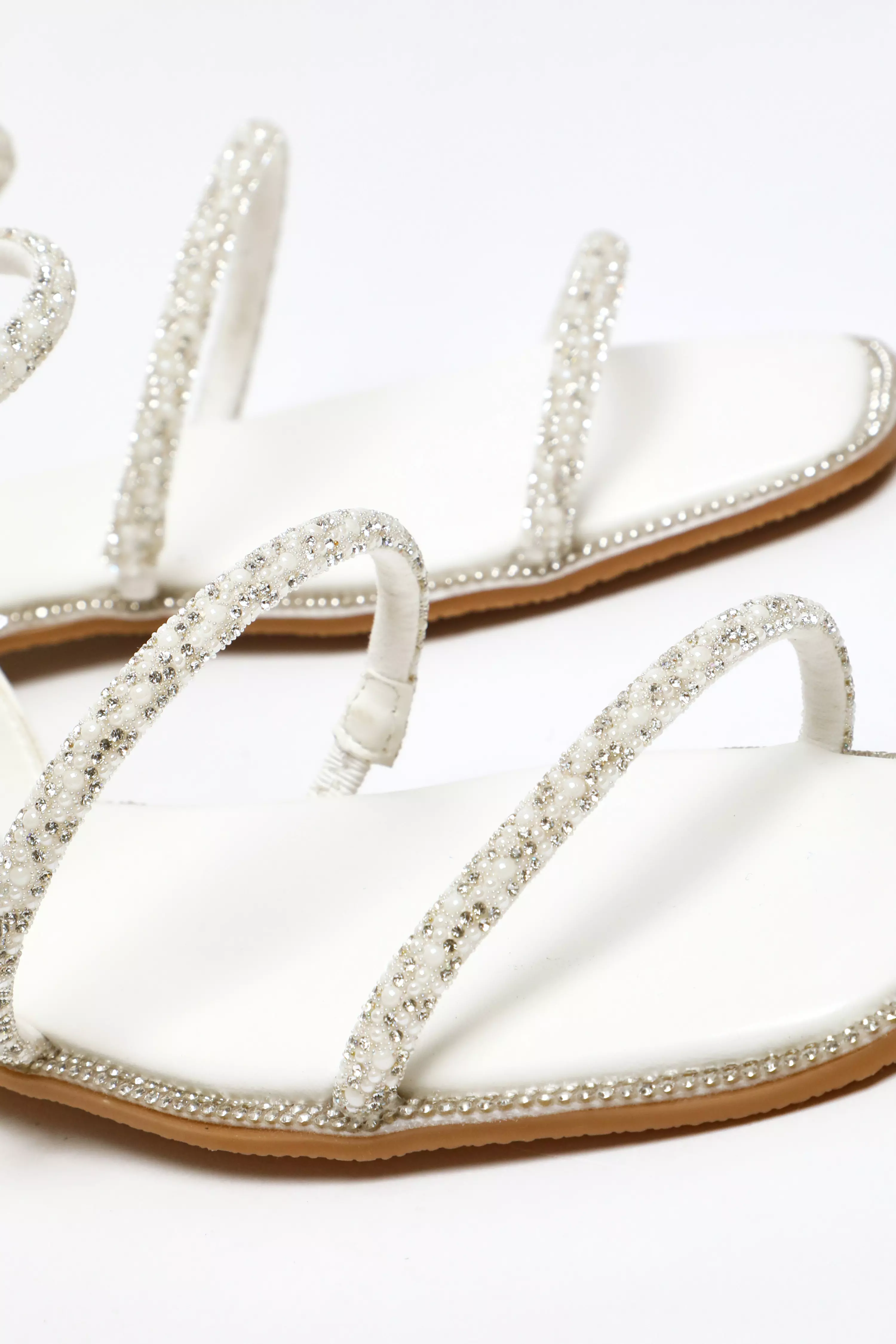 White Diamante Double Strap Flat Sandals