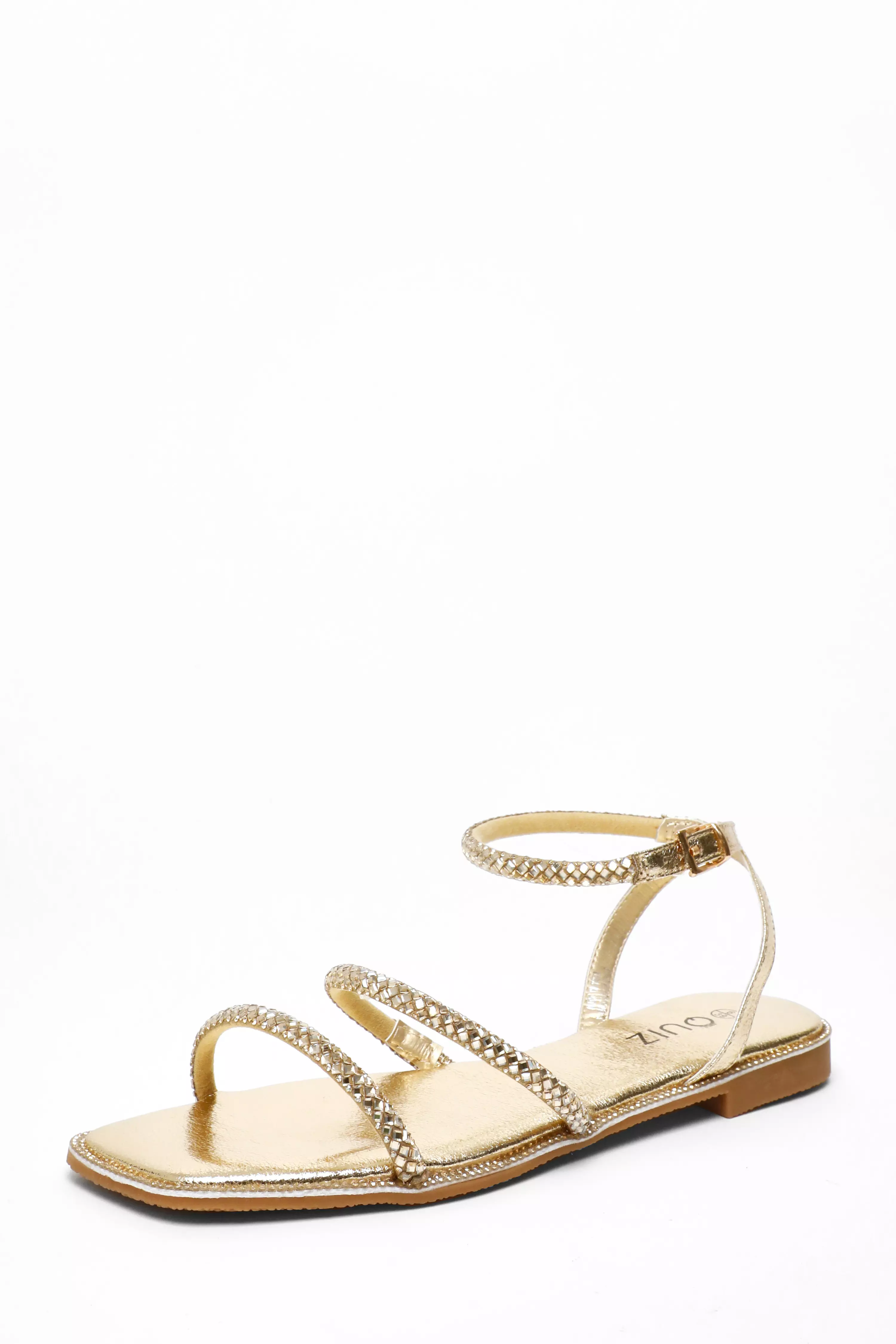 Gold Diamante Double Strap Flat Sandals