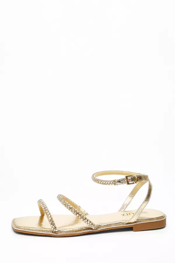 Gold Diamante Double Strap Flat Sandals