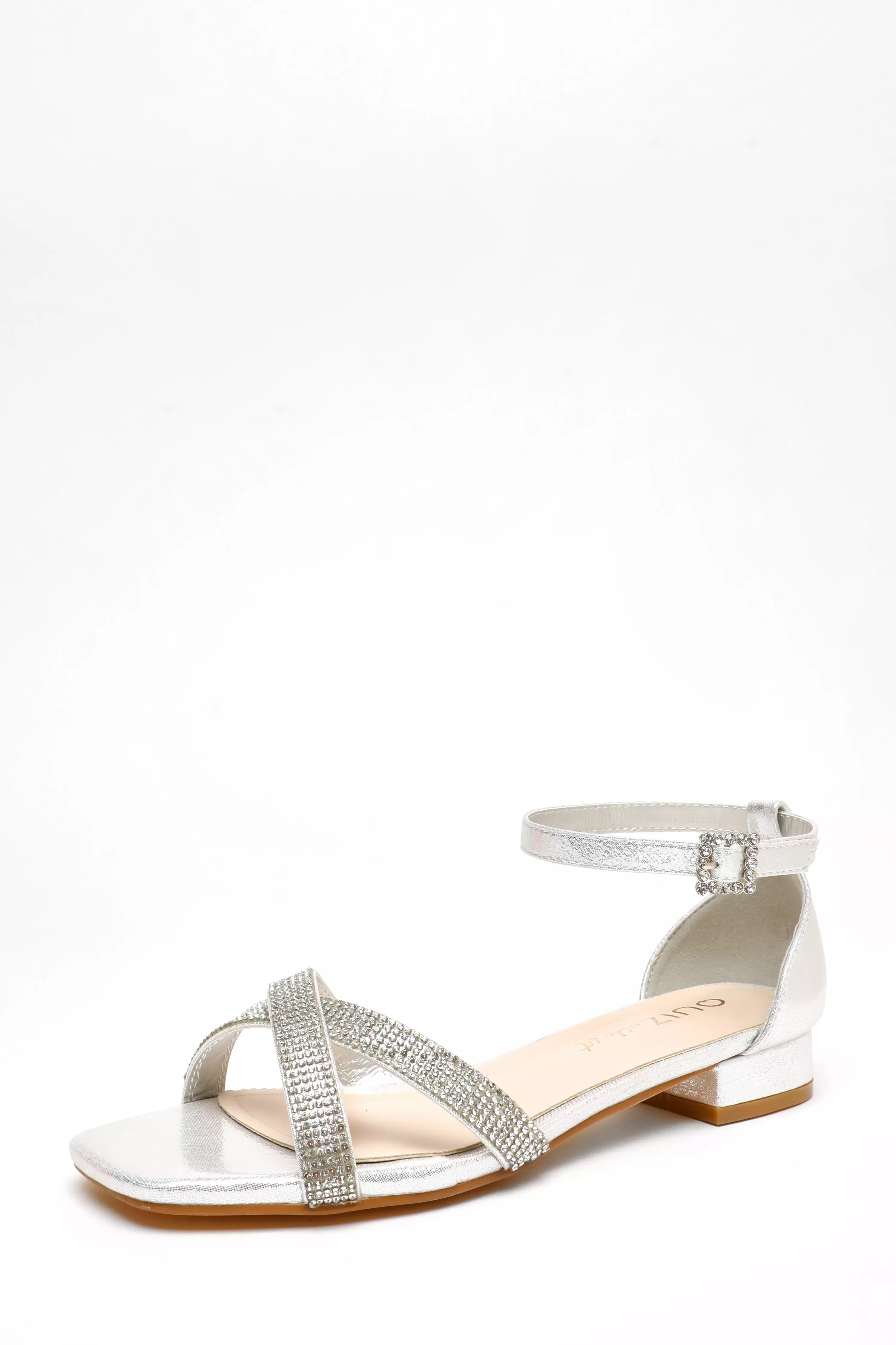 Wide Fit Silver Diamante Cross Strap Flat Sandals