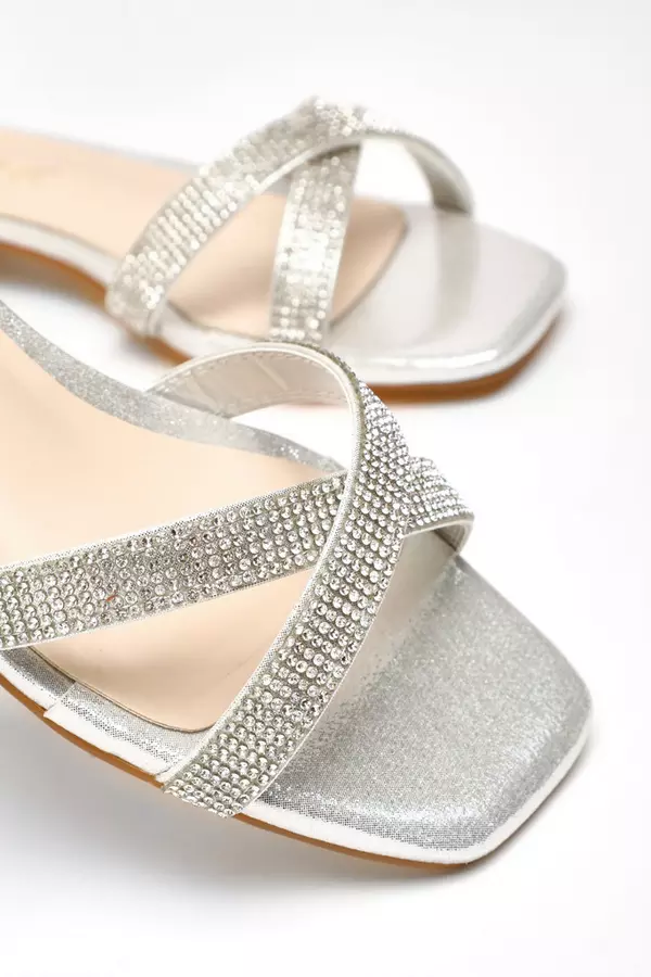Wide Fit Silver Diamante Cross Strap Flat Sandals