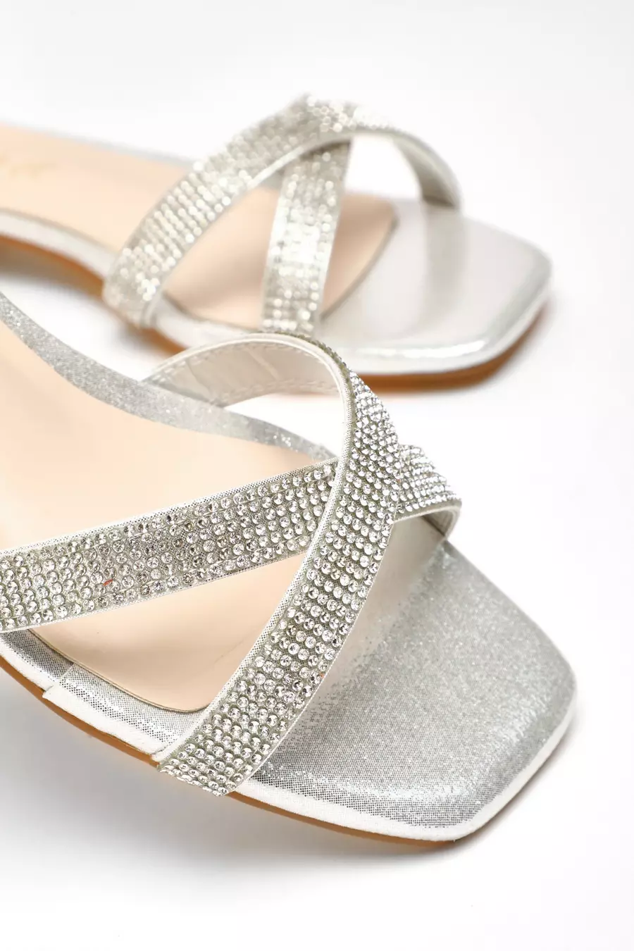 Wide Fit Silver Diamante Cross Strap Flat Sandals QUIZ Clothing