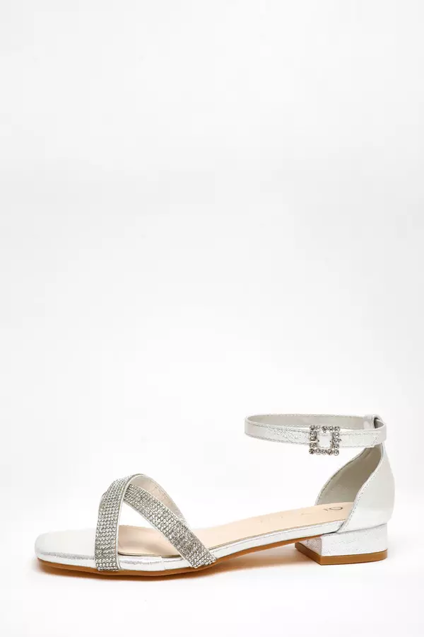 Wide Fit Silver Diamante Cross Strap Flat Sandals