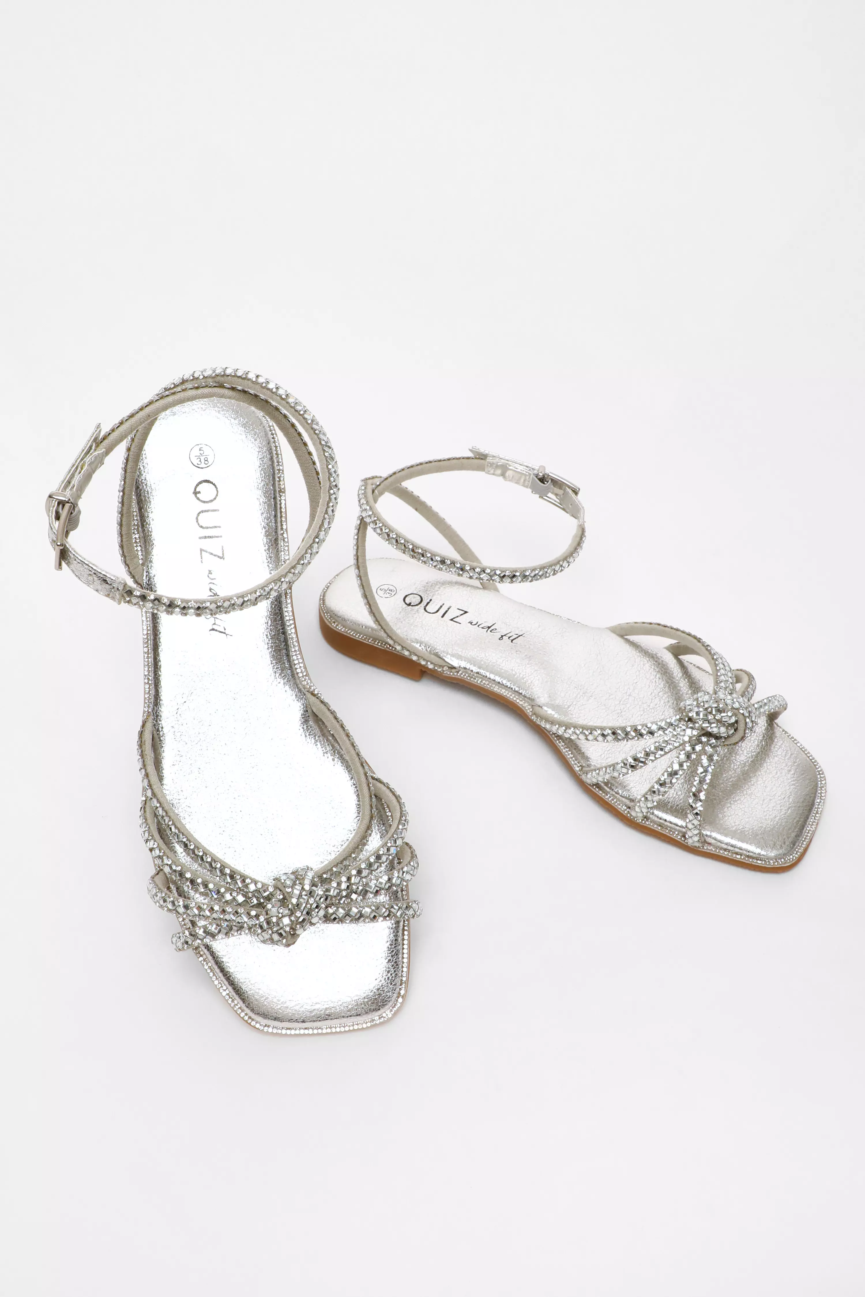 Wide Fit Silver Foil Diamante Flat Sandals
