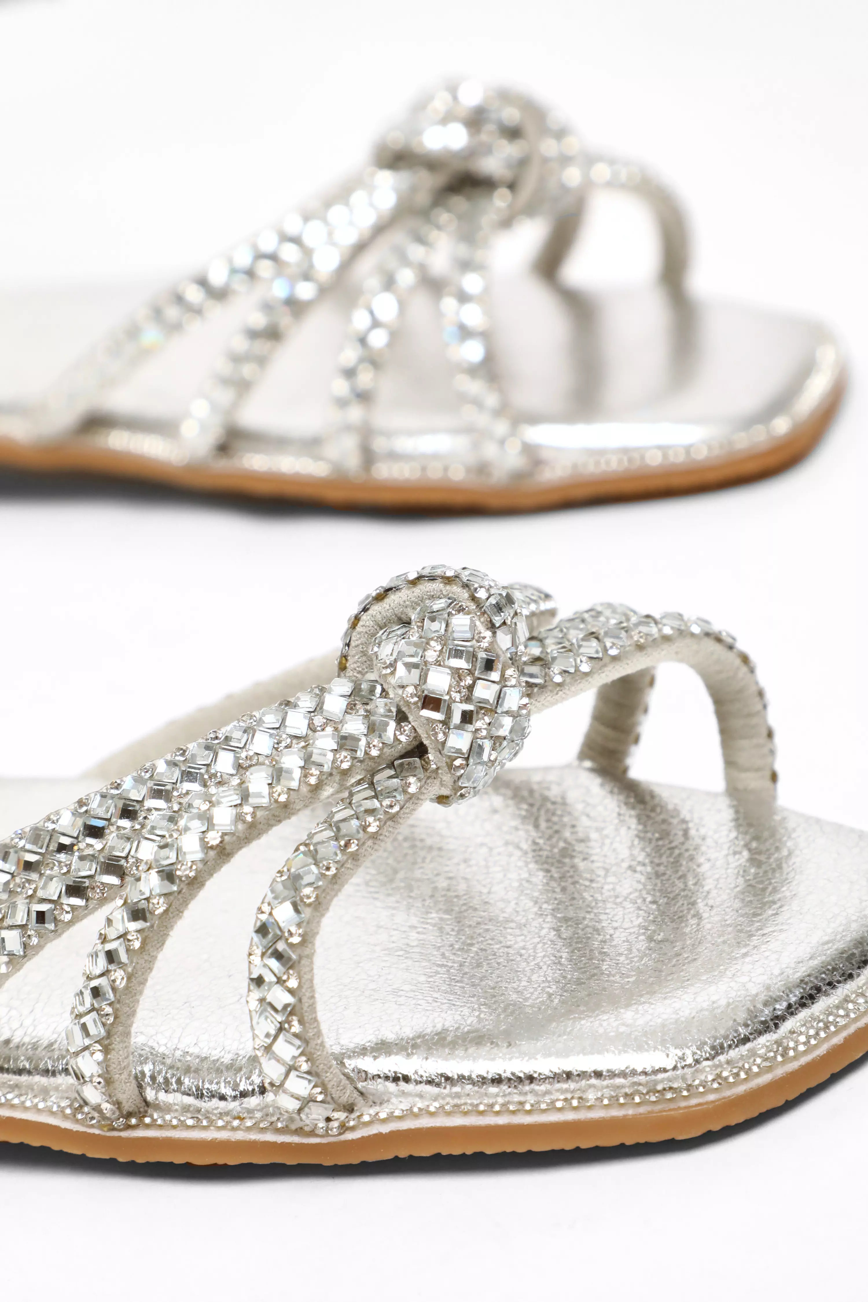 Wide Fit Silver Foil Diamante Flat Sandals