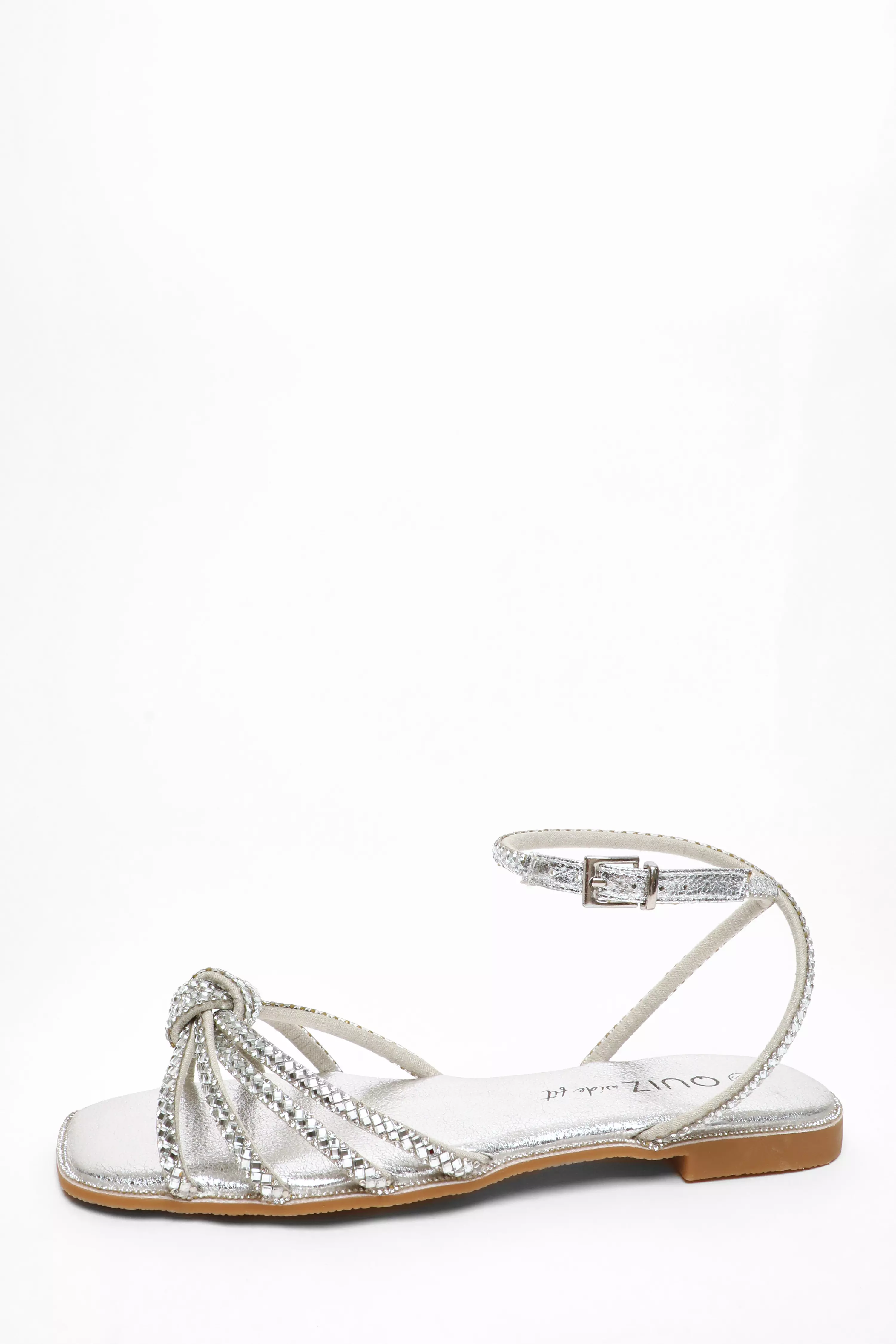 Wide Fit Silver Foil Diamante Flat Sandals