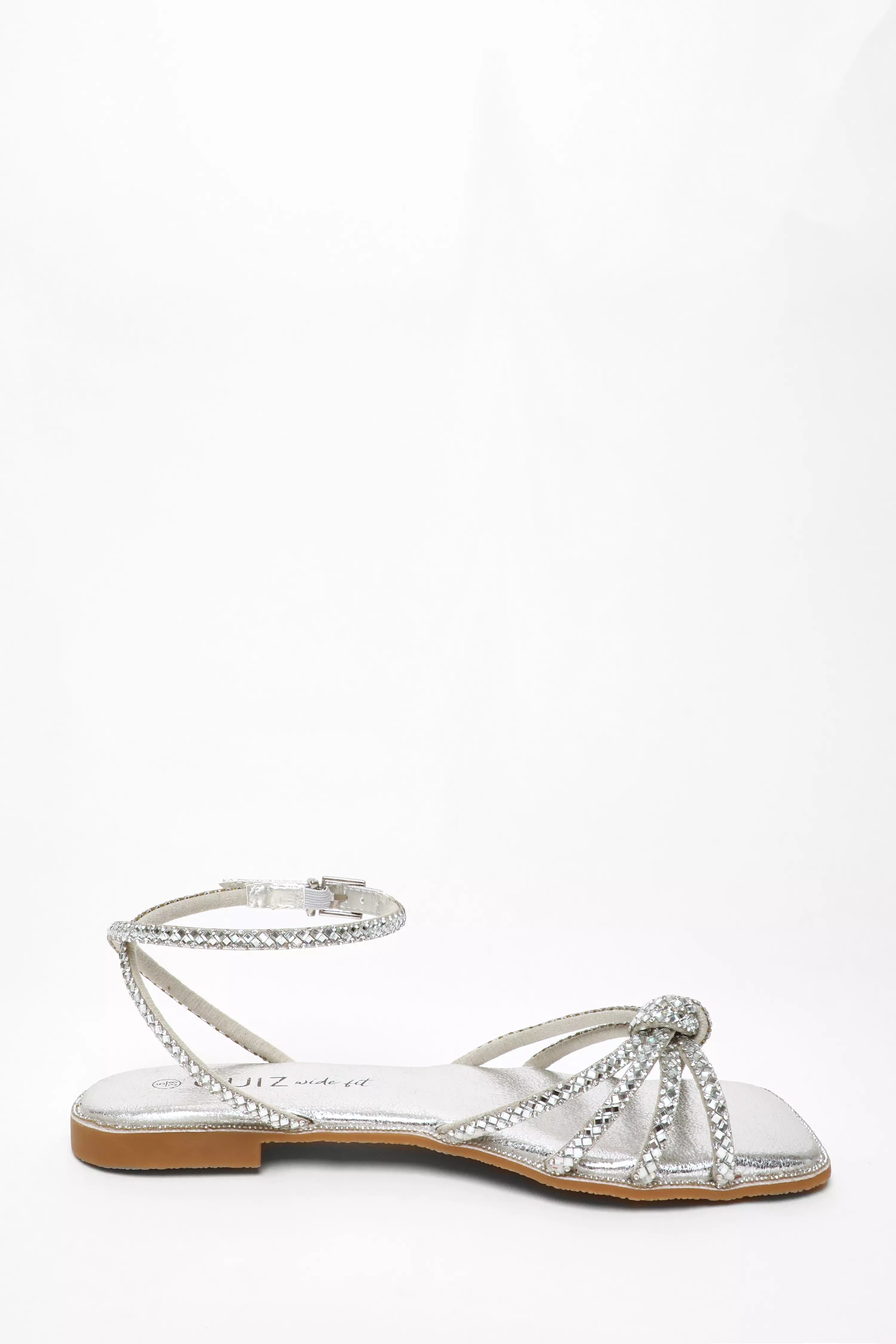 Wide Fit Silver Foil Diamante Flat Sandals