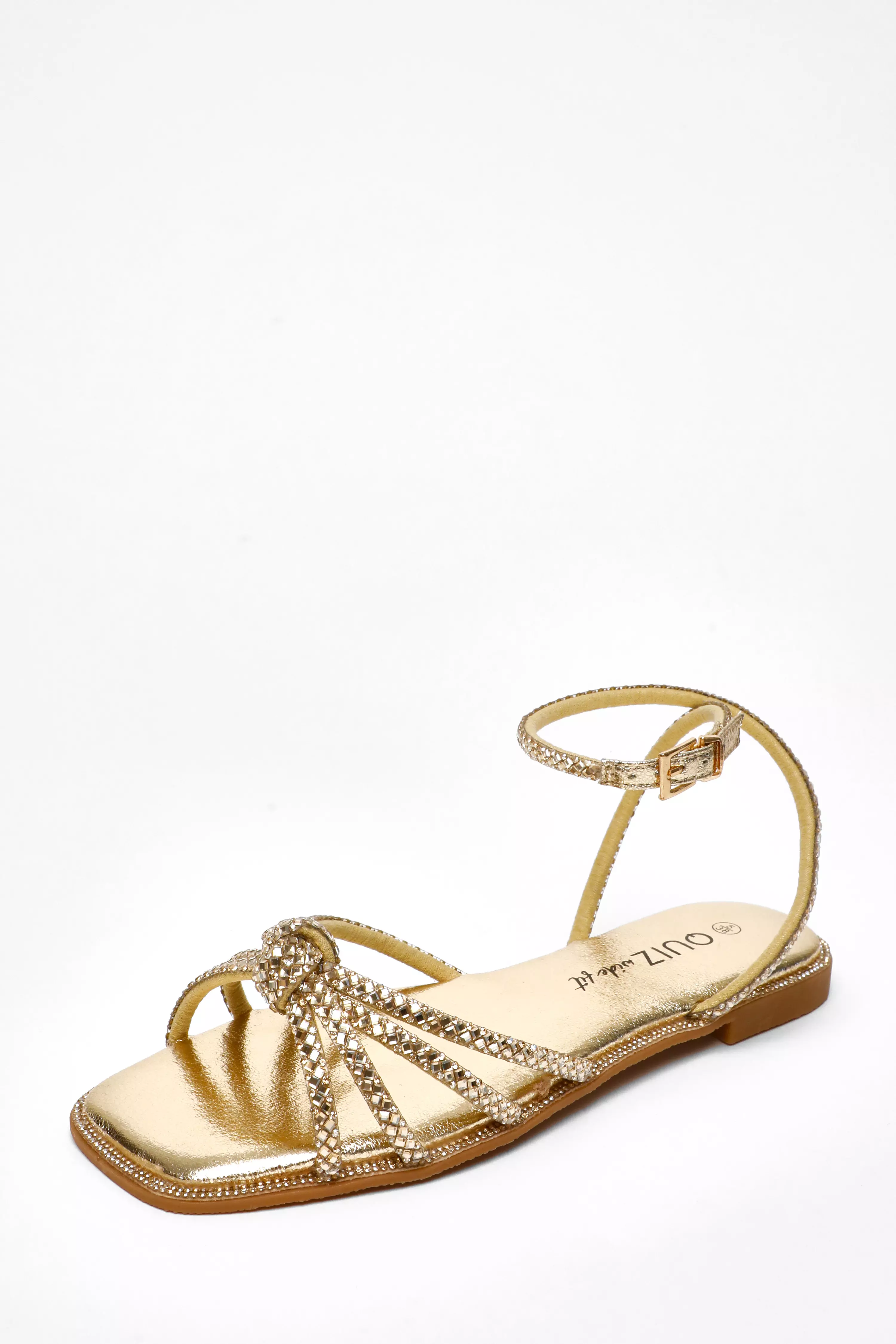 Wide Fit Gold Foil Diamante Flat Sandals