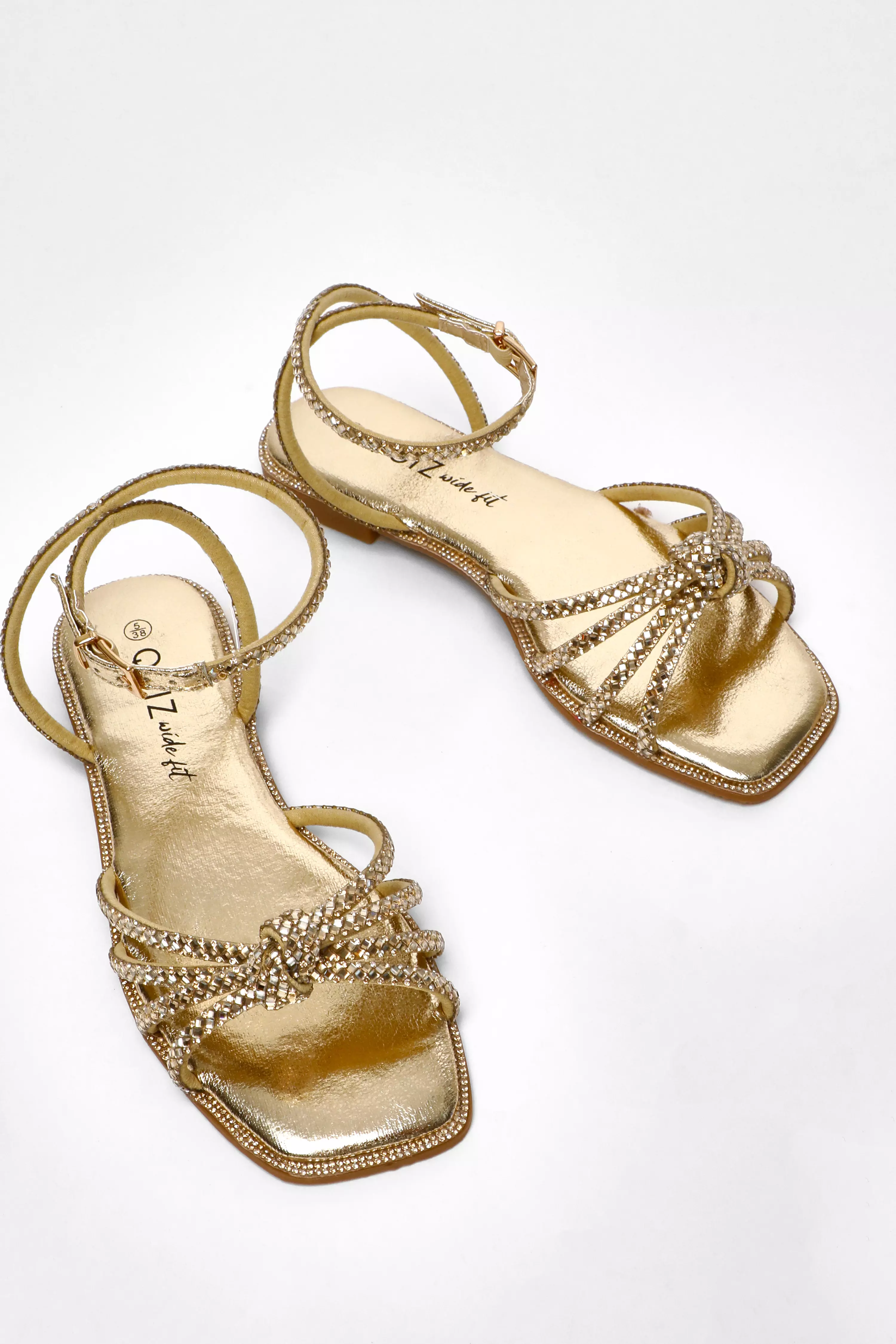 Wide Fit Gold Foil Diamante Flat Sandals