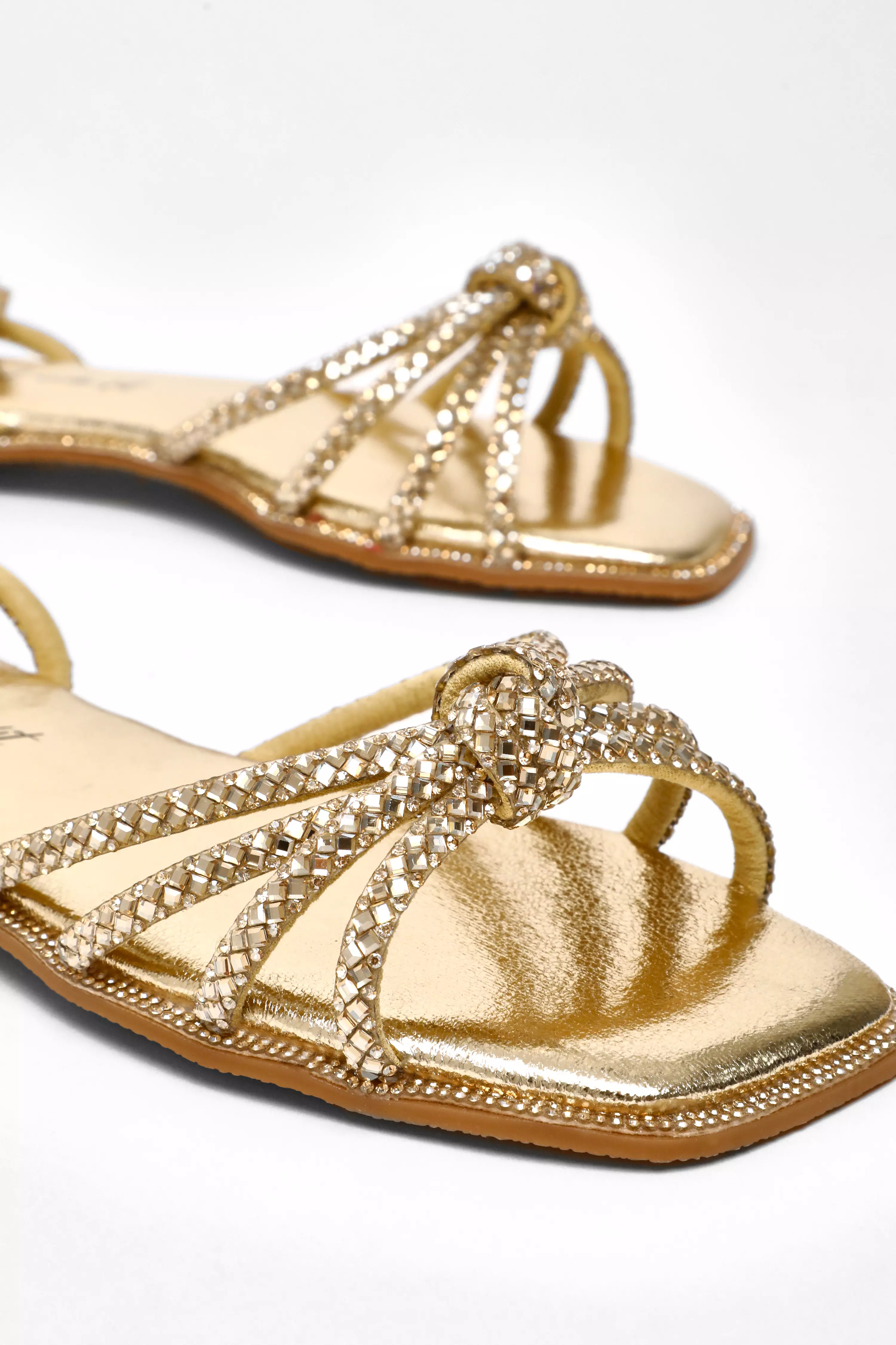 Wide Fit Gold Foil Diamante Flat Sandals