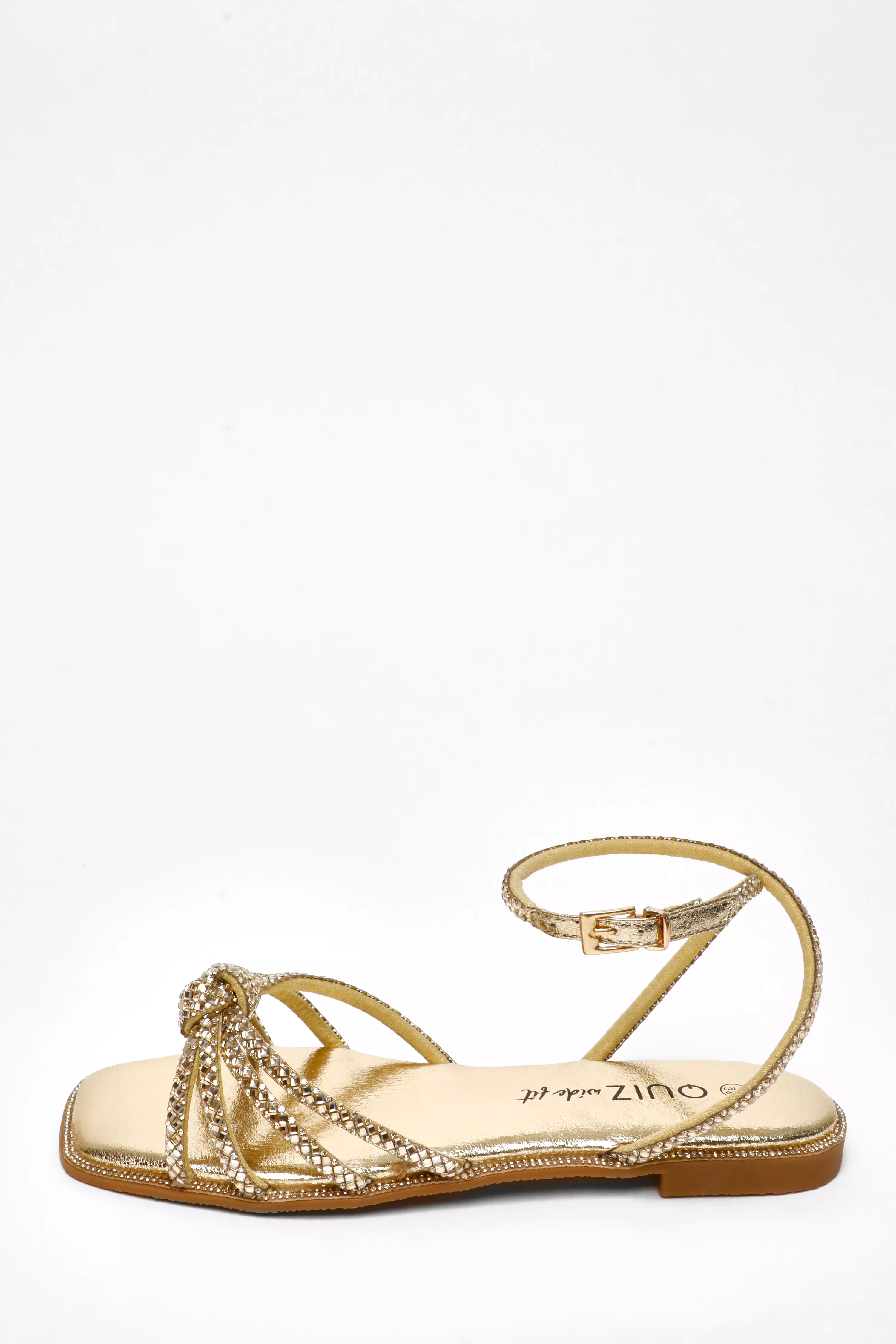 Wide Fit Gold Foil Diamante Flat Sandals