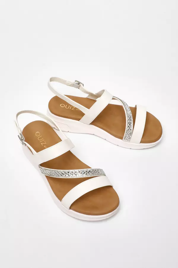 Wide Fit White Asymmetric Diamante Strap Sandals