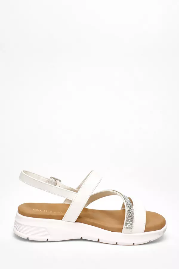 Wide Fit White Asymmetric Diamante Strap Sandals