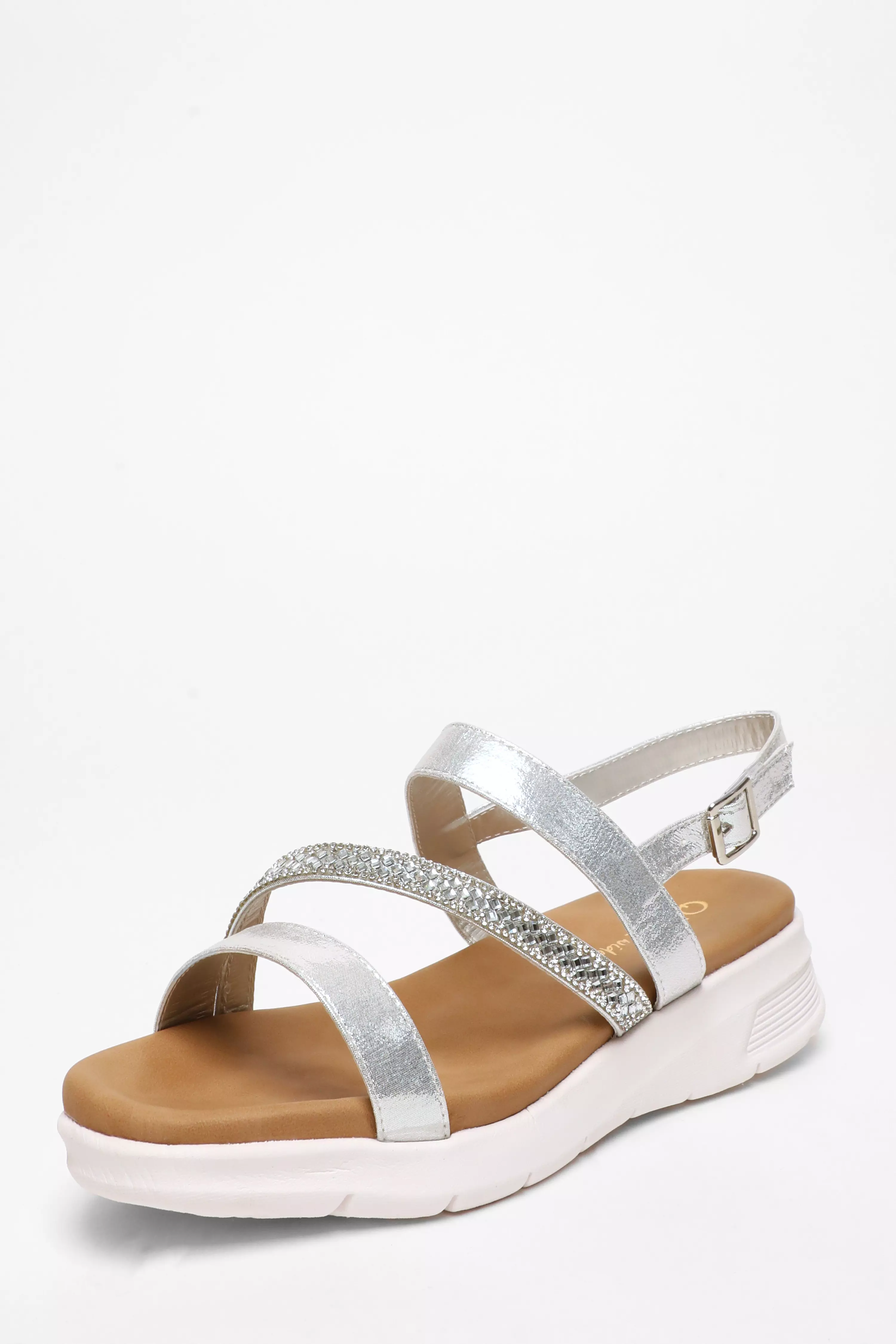 Wide Fit Silver Asymmetric Diamante Strap Sandals