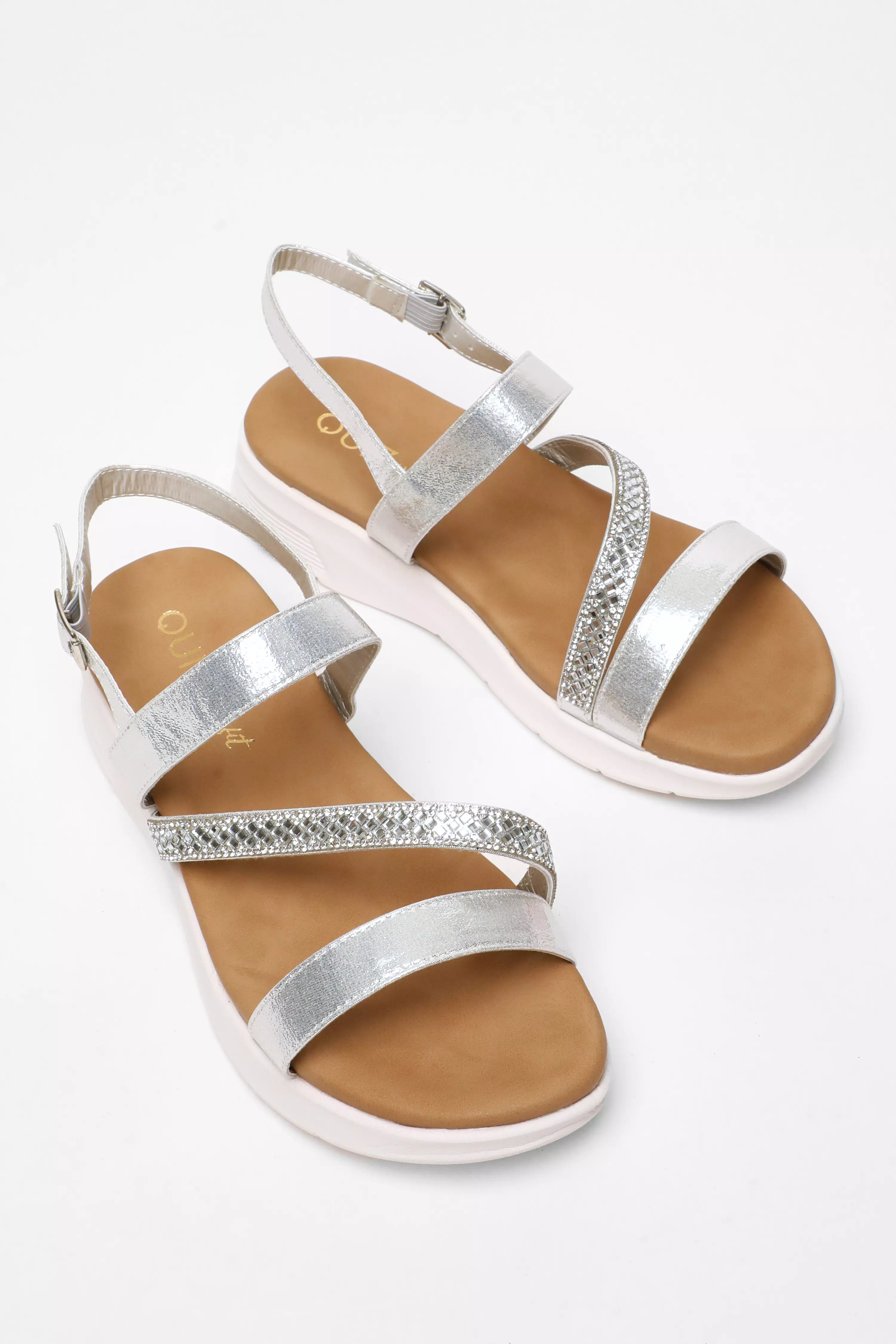 Wide Fit Silver Asymmetric Diamante Strap Sandals