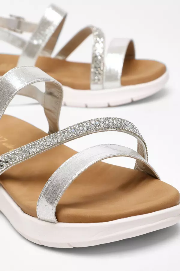 Wide Fit Silver Asymmetric Diamante Strap Sandals
