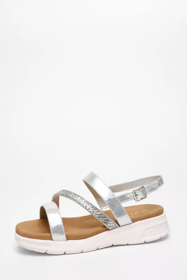 Wide Fit Silver Asymmetric Diamante Strap Sandals