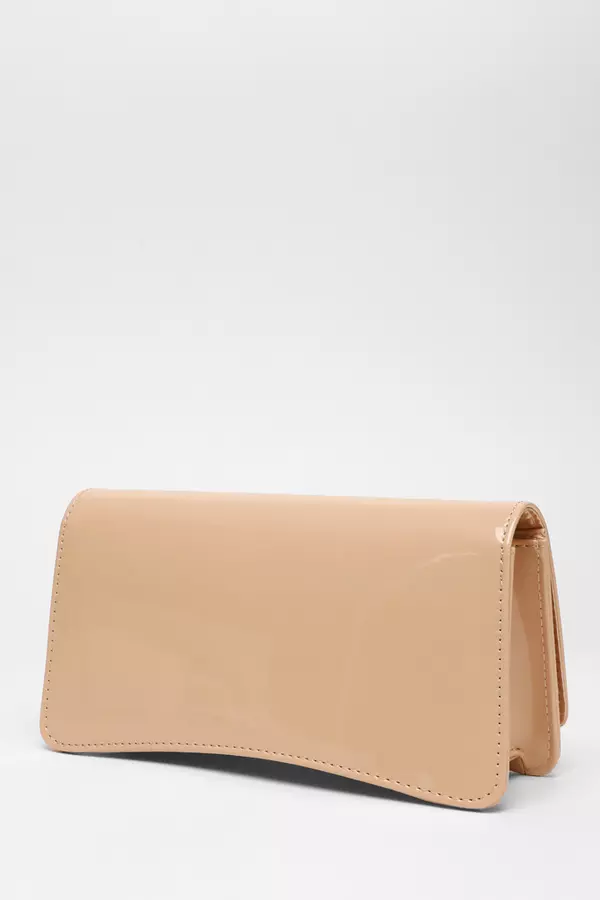 Nude Patent Faux Leather Curved Clutch Bag