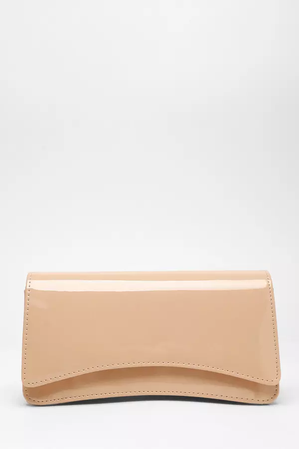 Nude Patent Faux Leather Curved Clutch Bag