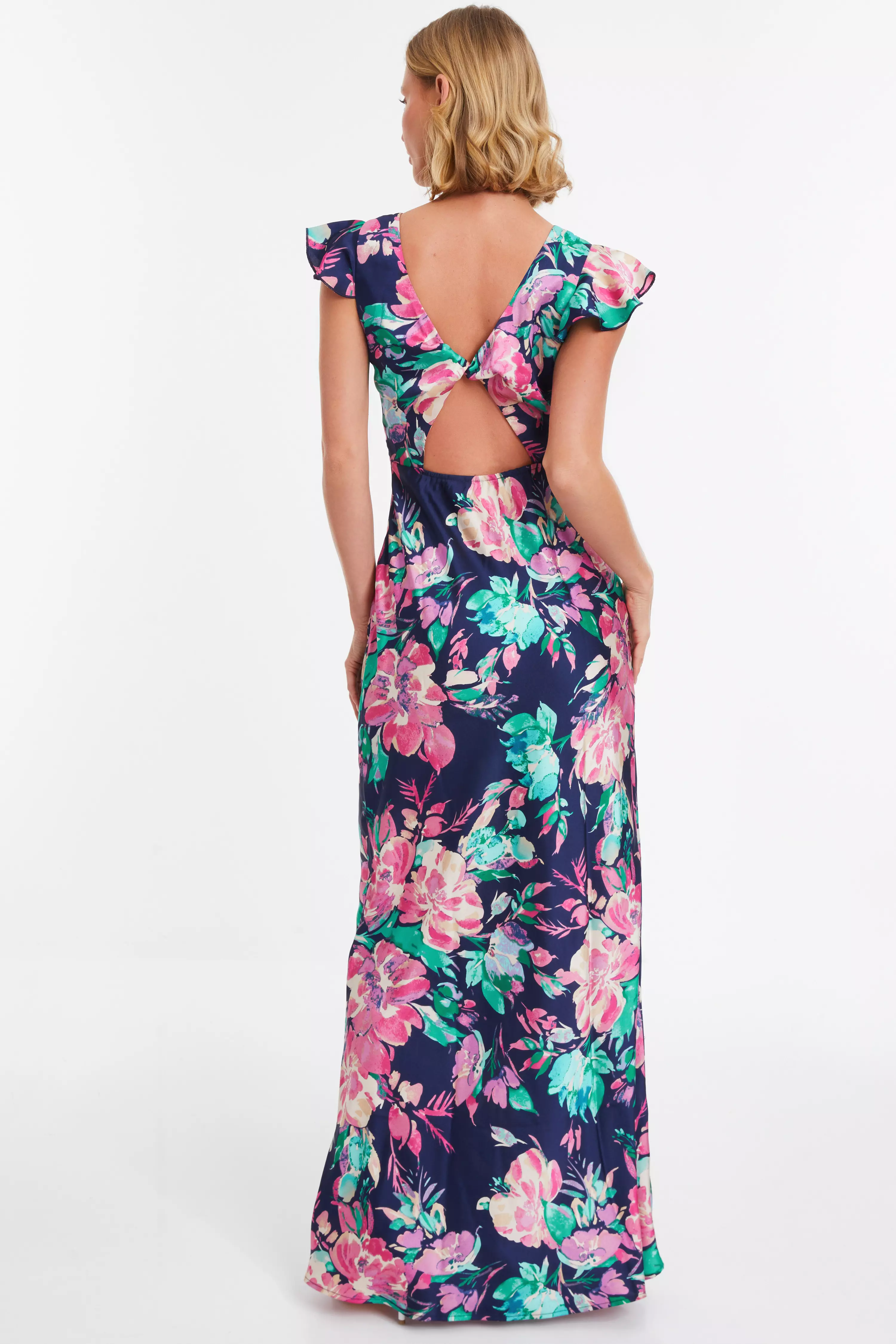 Navy Satin Floral Maxi Dress