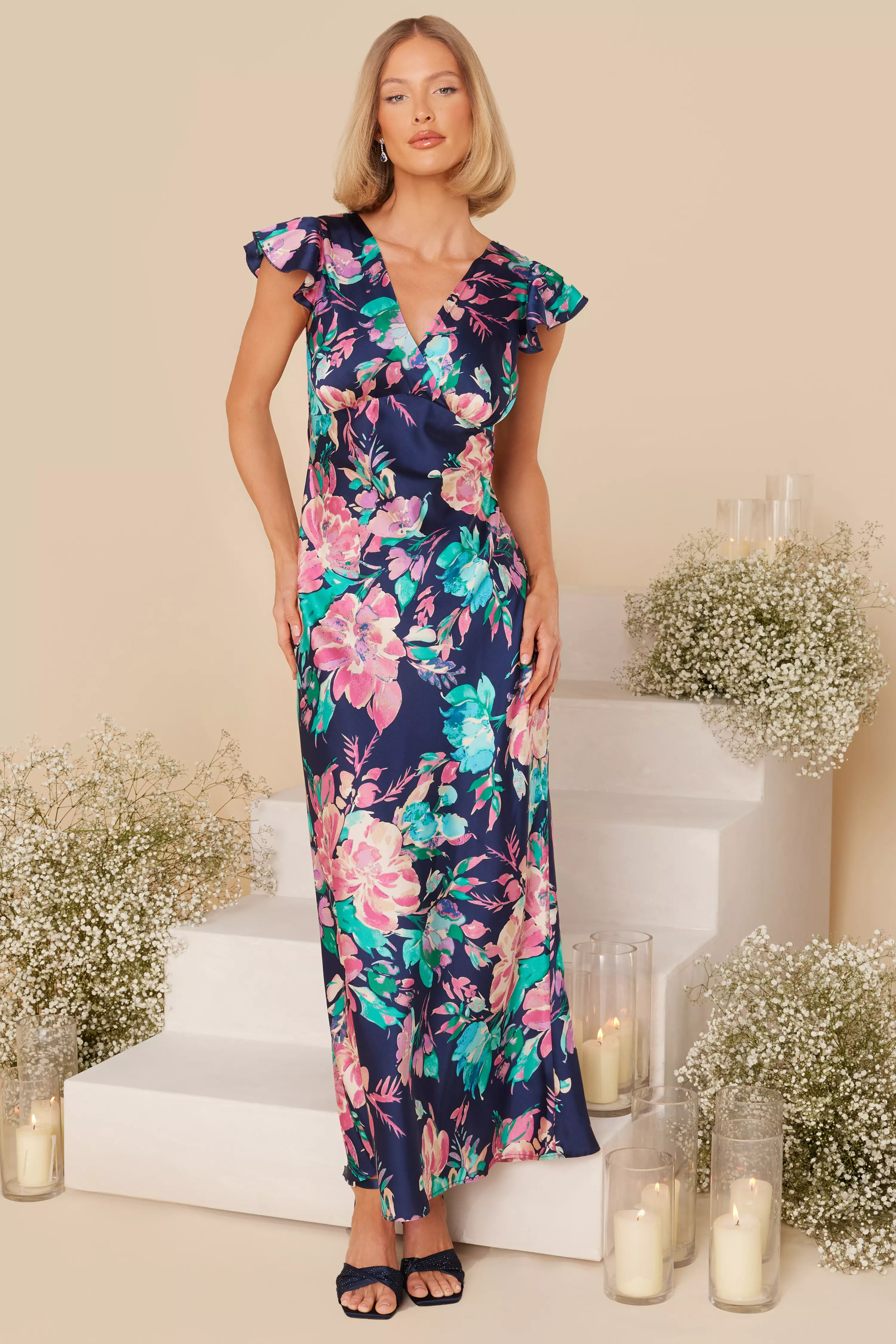 Navy Satin Floral Maxi Dress