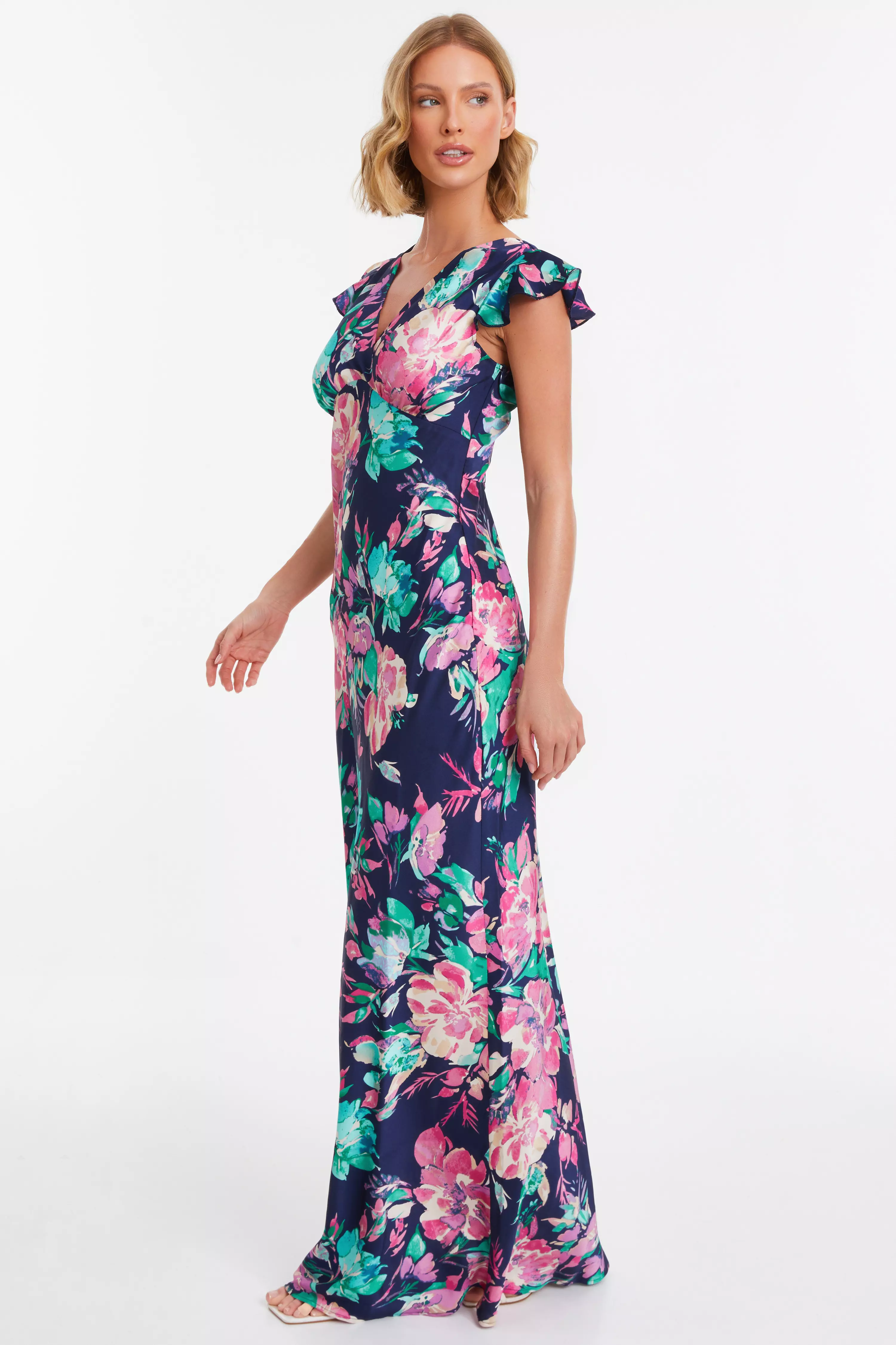 Navy Satin Floral Maxi Dress