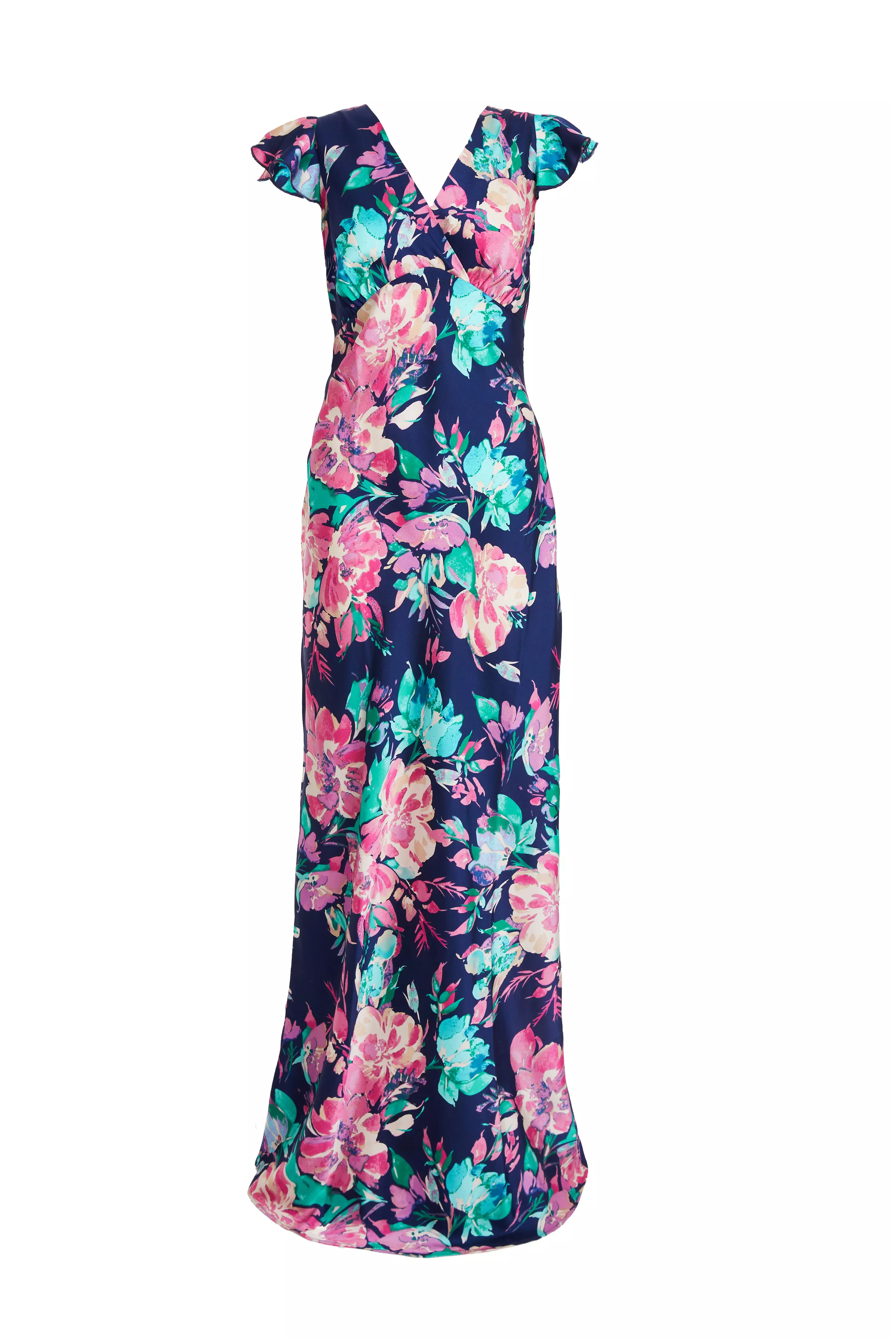 Navy Satin Floral Maxi Dress