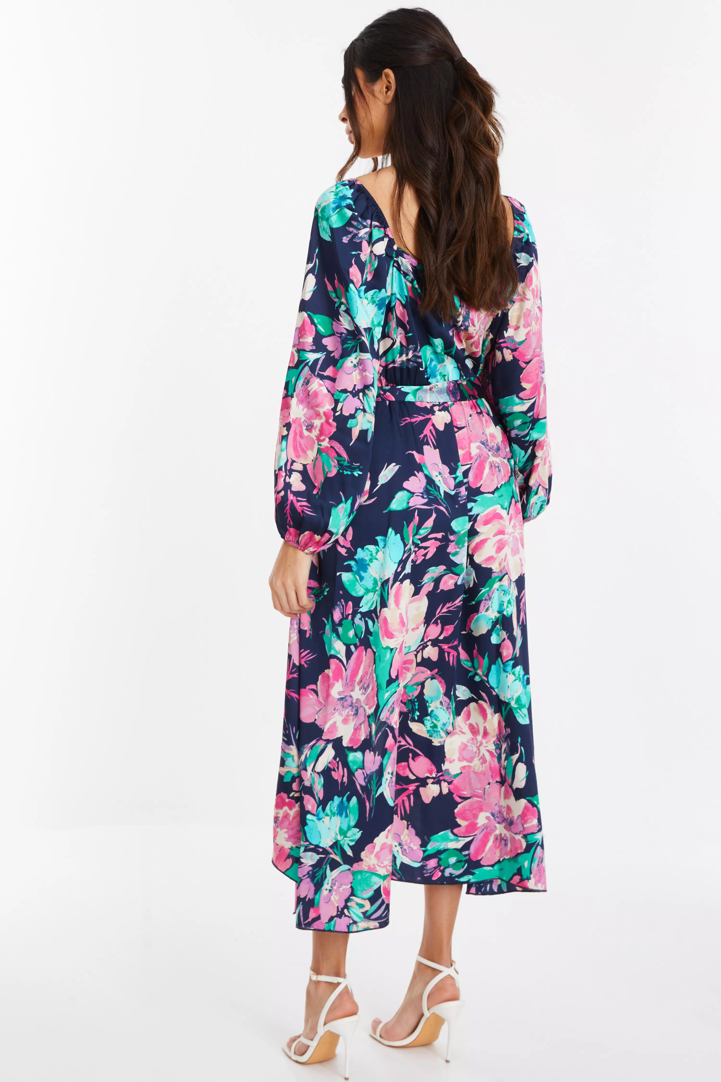 Navy Satin Floral Wrap Dip Hem Midi Dress