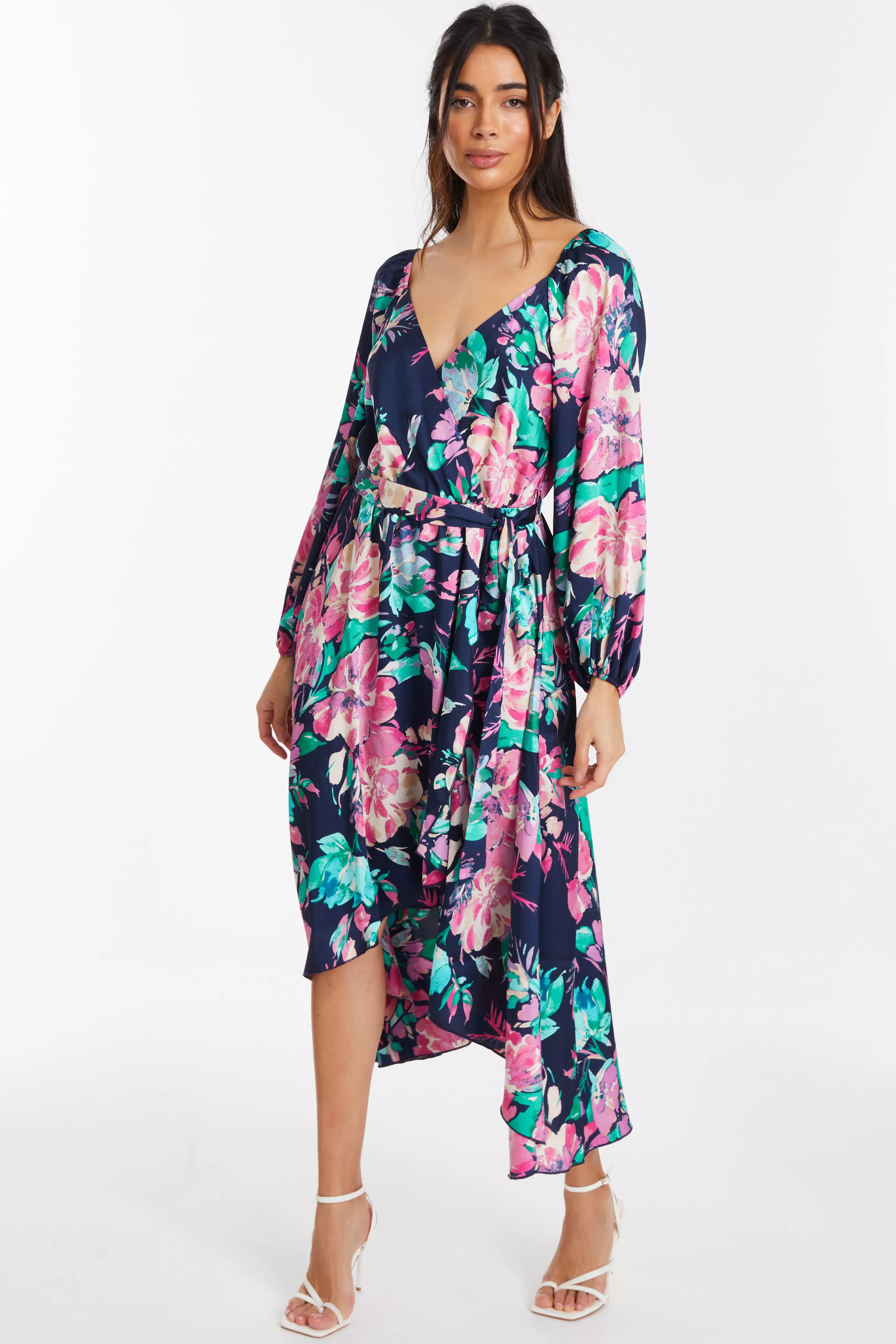 Navy Satin Floral Wrap Dip Hem Midi Dress