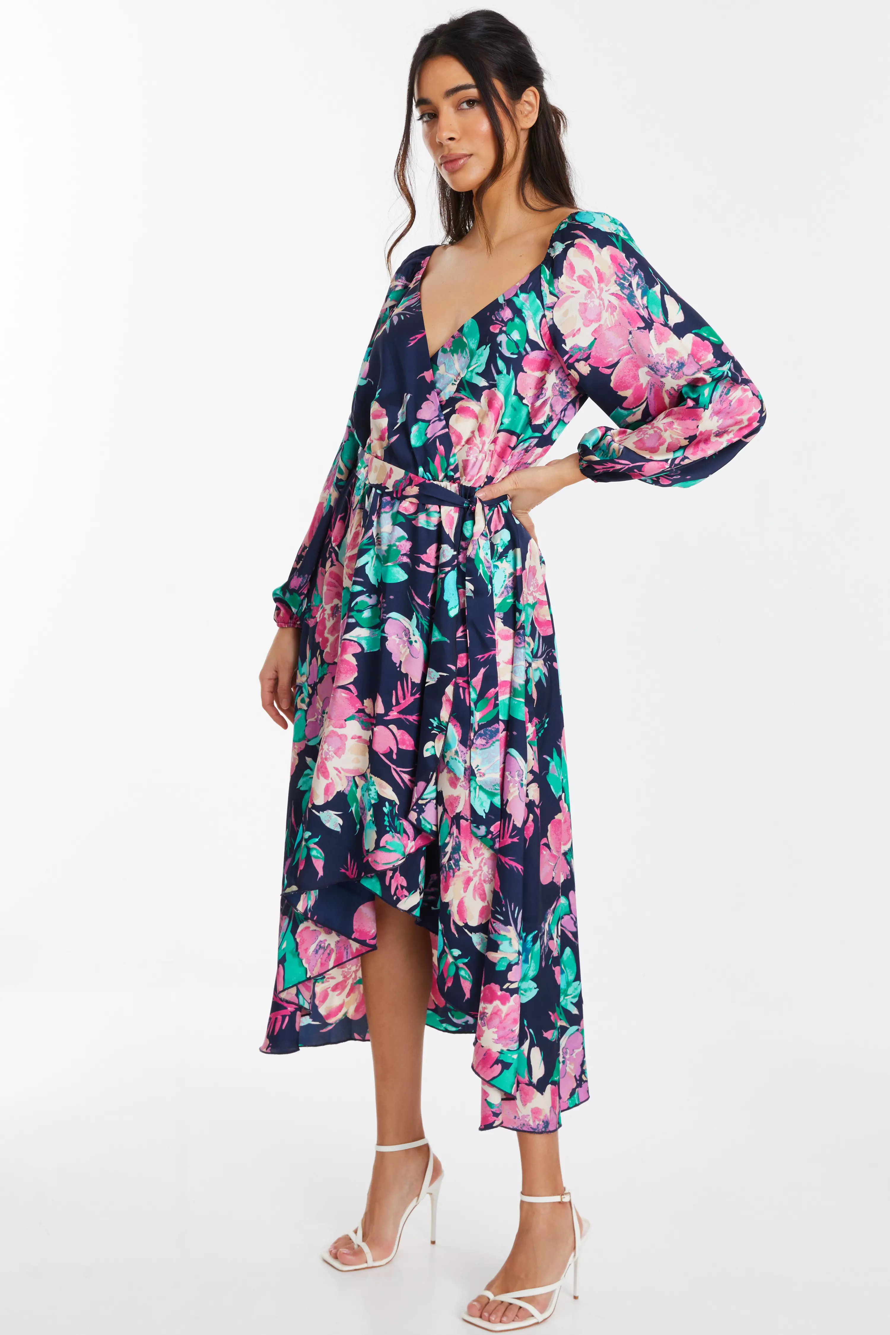 Navy Satin Floral Wrap Dip Hem Midi Dress