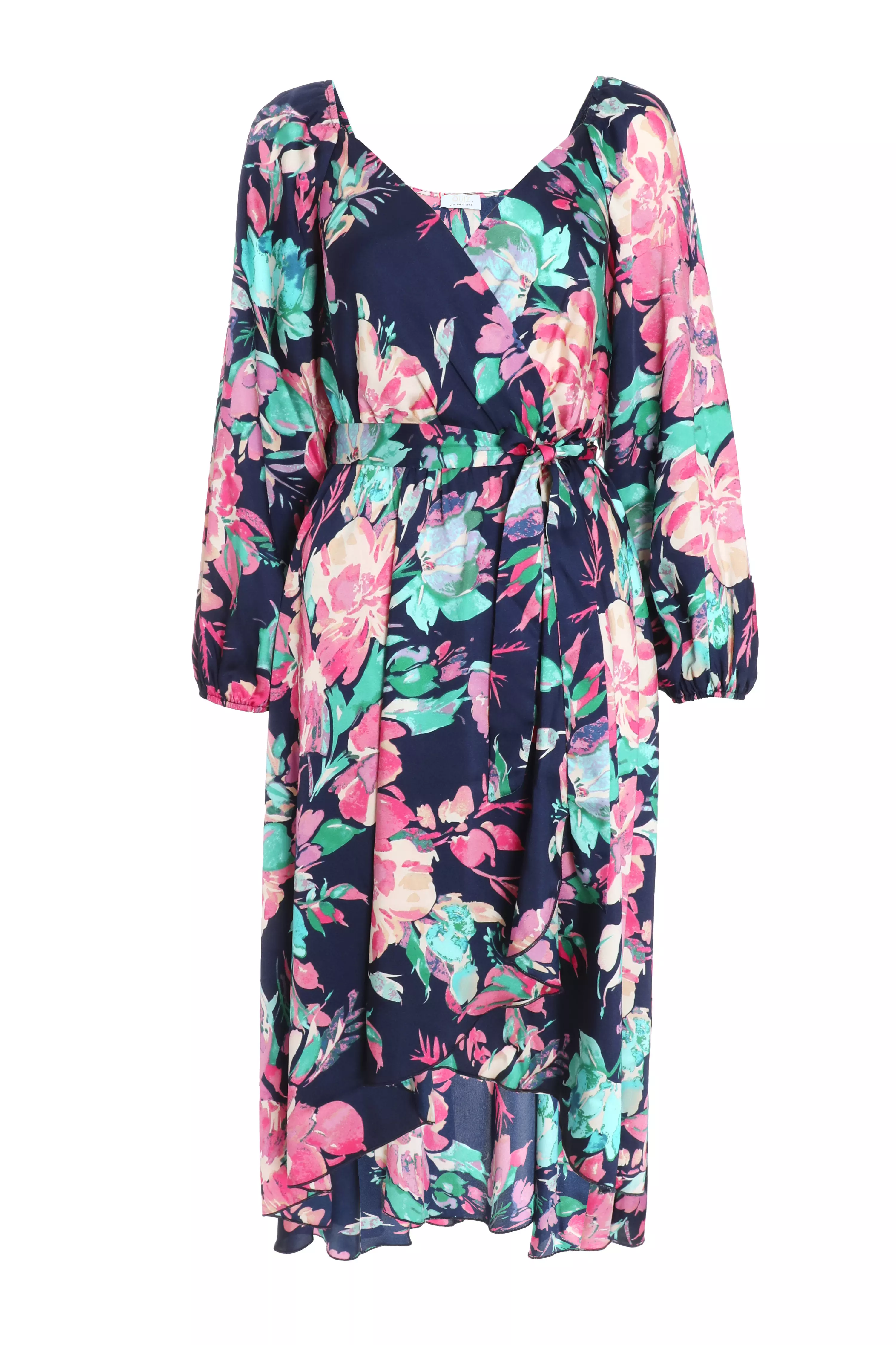 Navy Satin Floral Wrap Dip Hem Midi Dress