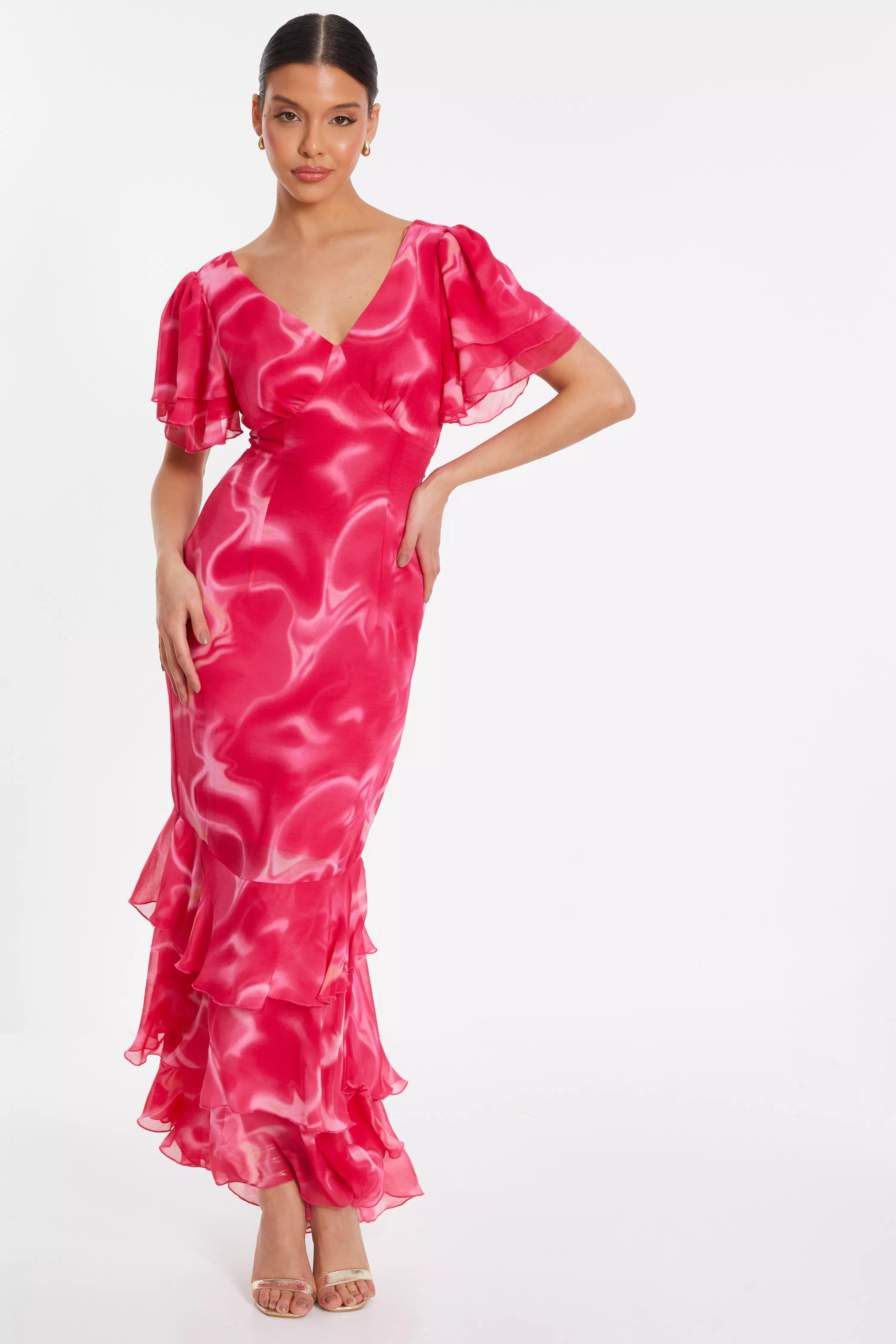 Pink Swirl Print Chiffon Maxi Dress