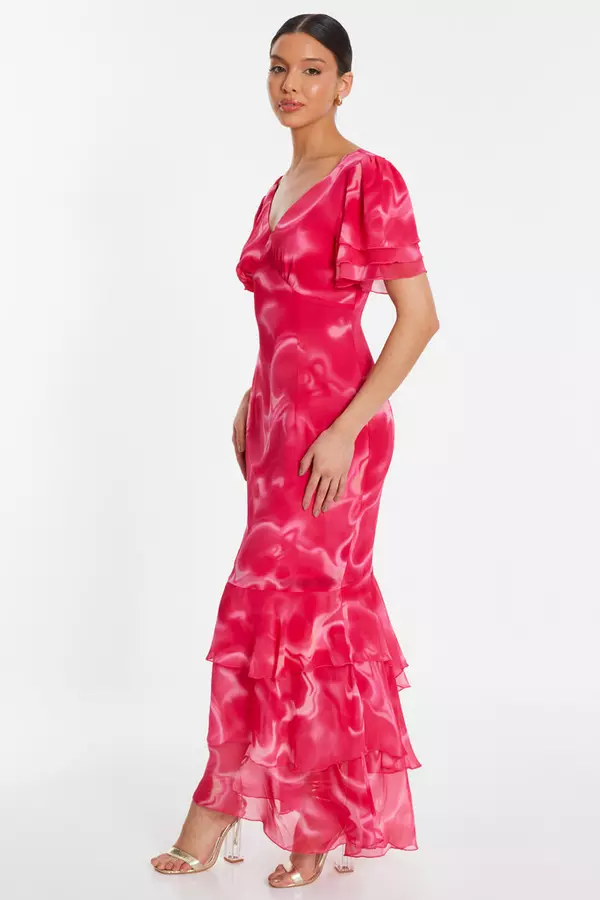 Pink Swirl Print Chiffon Maxi Dress
