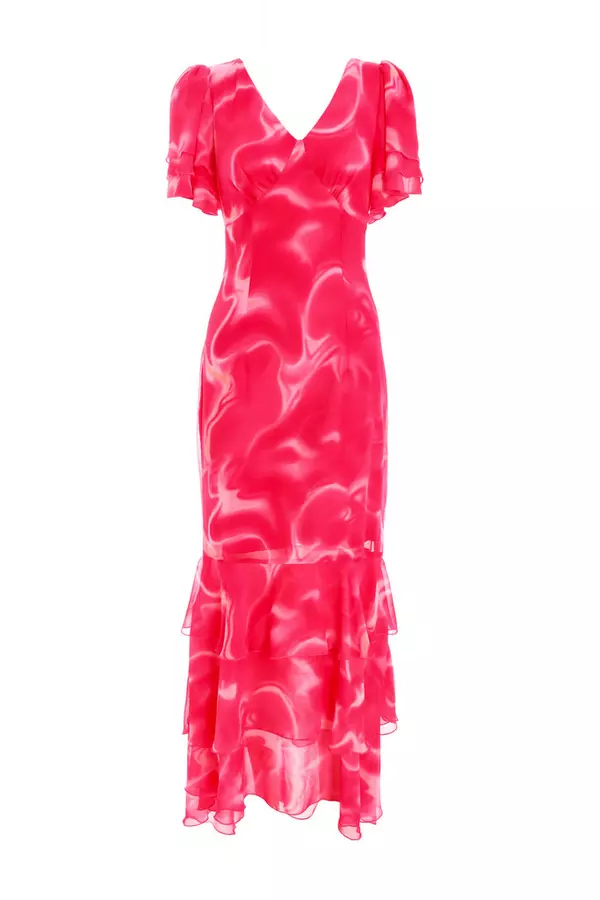 Pink Swirl Print Chiffon Maxi Dress