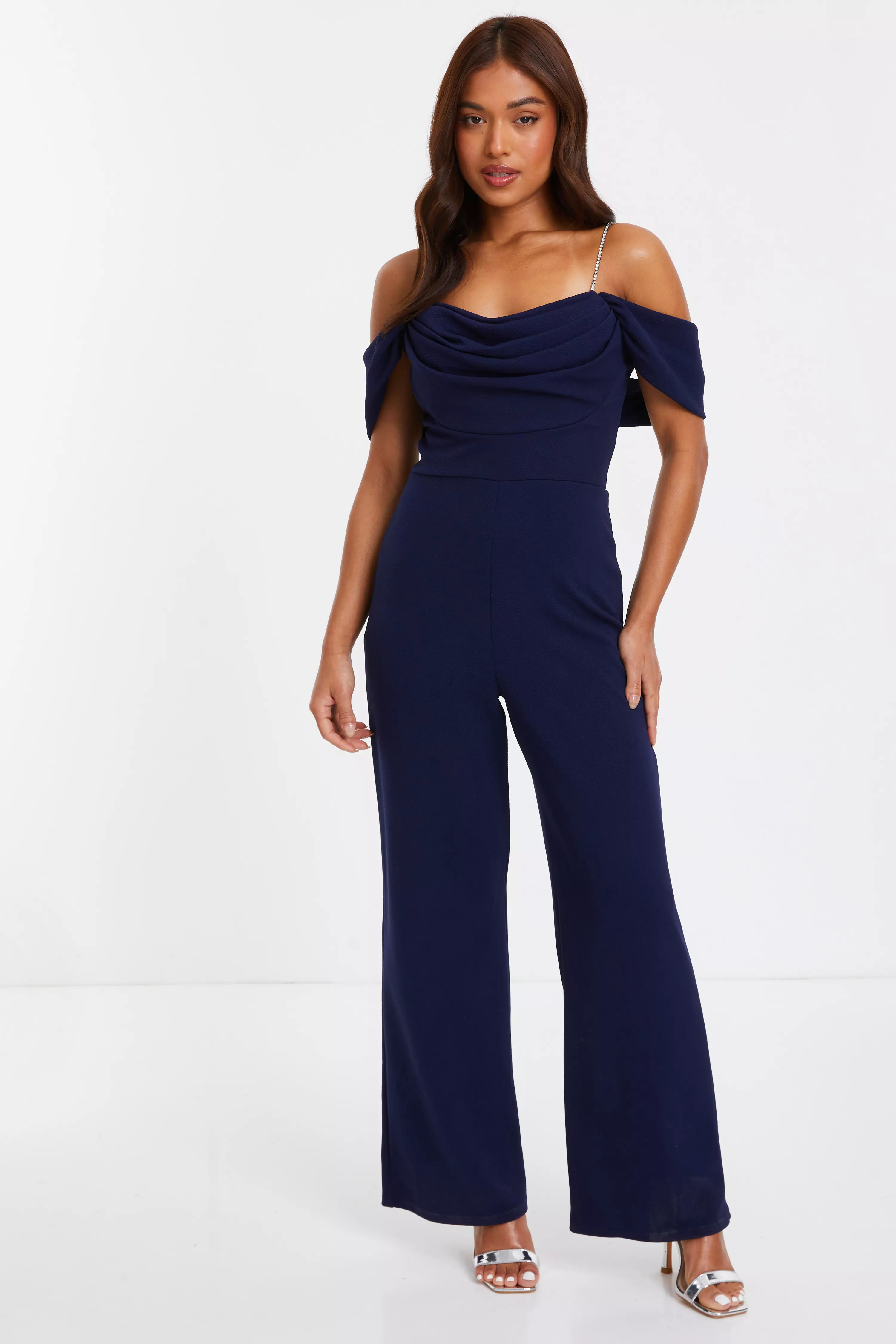 Petite Navy Drop Shoulder Palazzo Jumpsuit