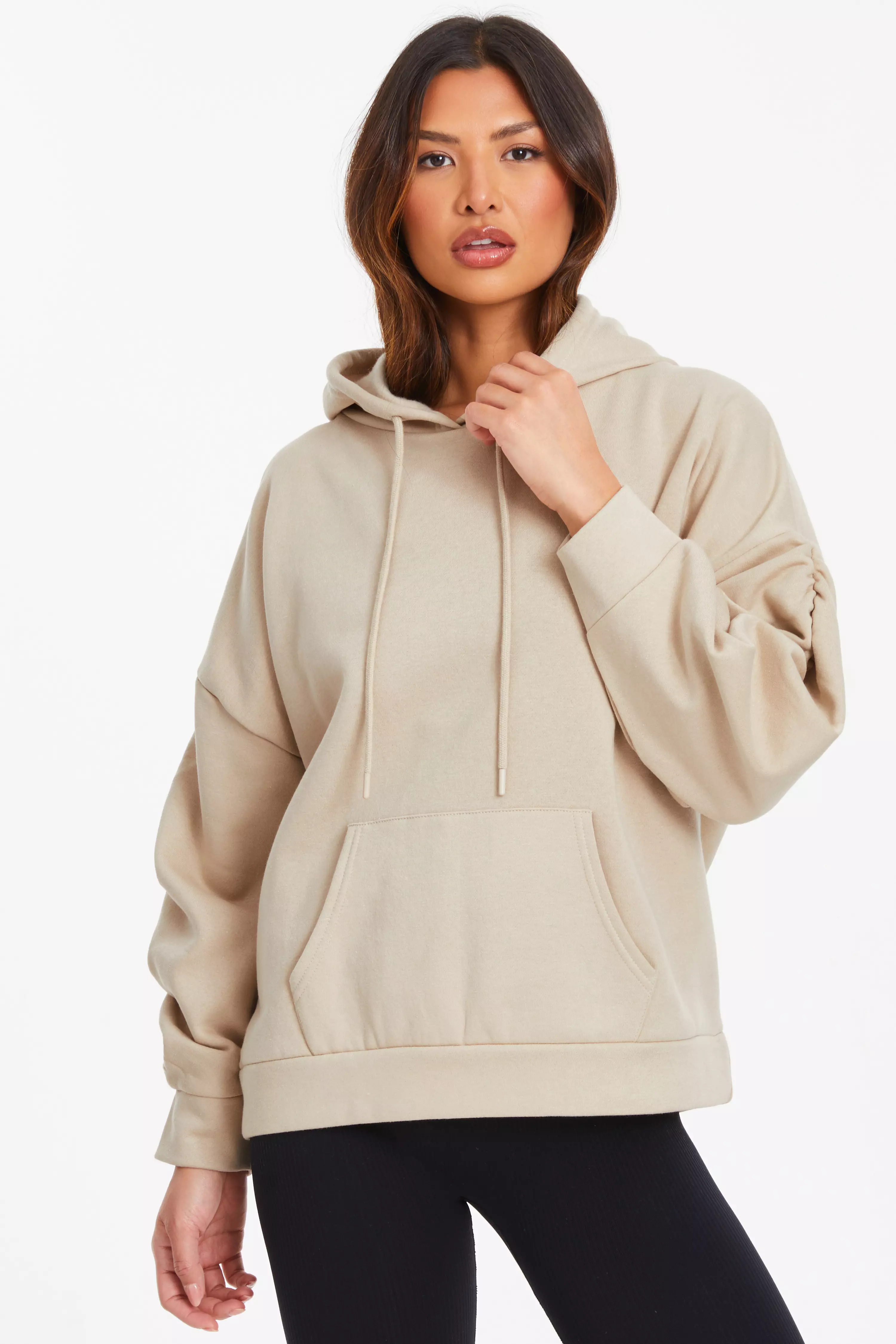 Stone Ruched Sleeve Oversized Hoodie