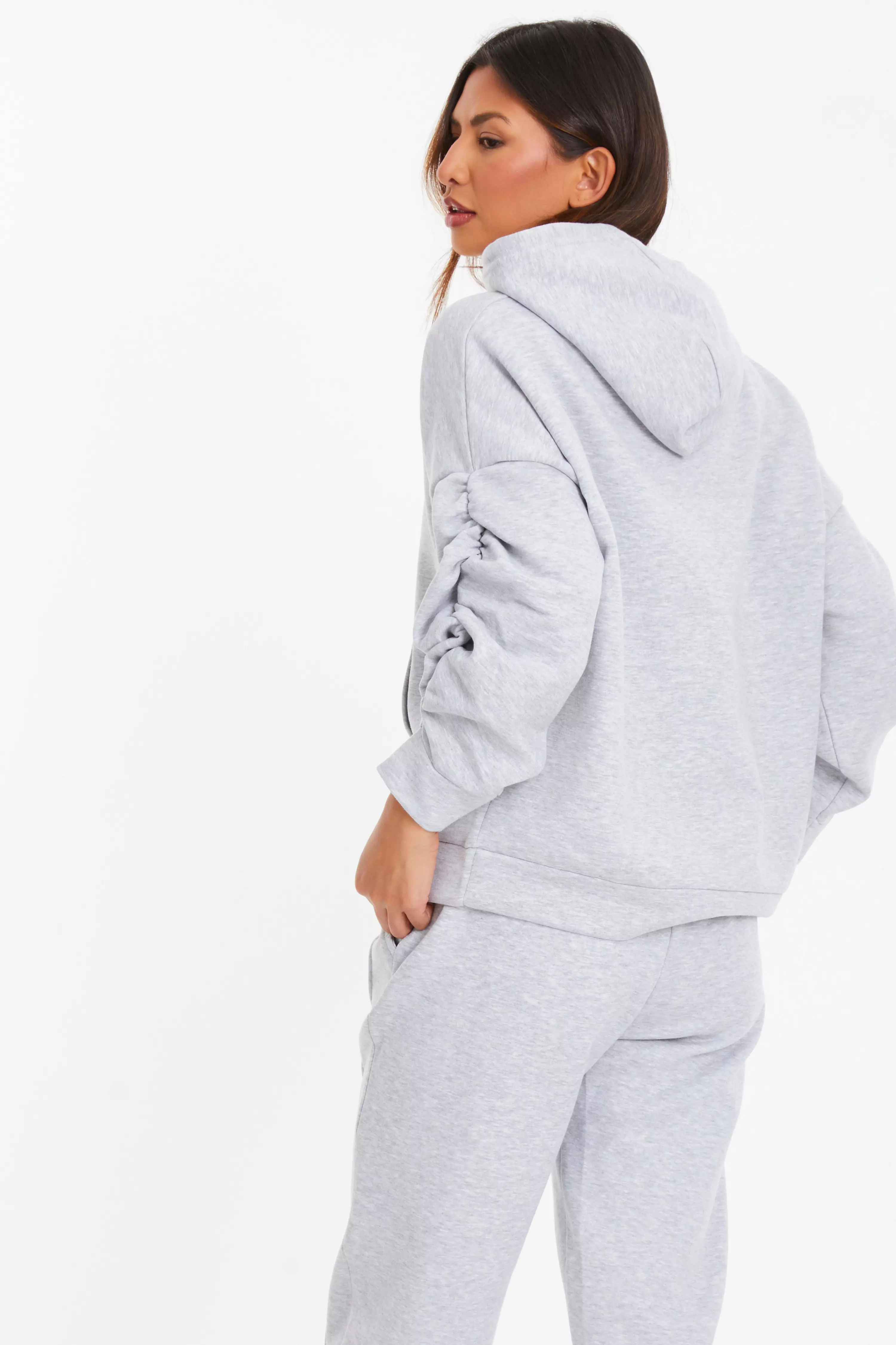 Grey Ruched Sleeve Oversized Hoodie