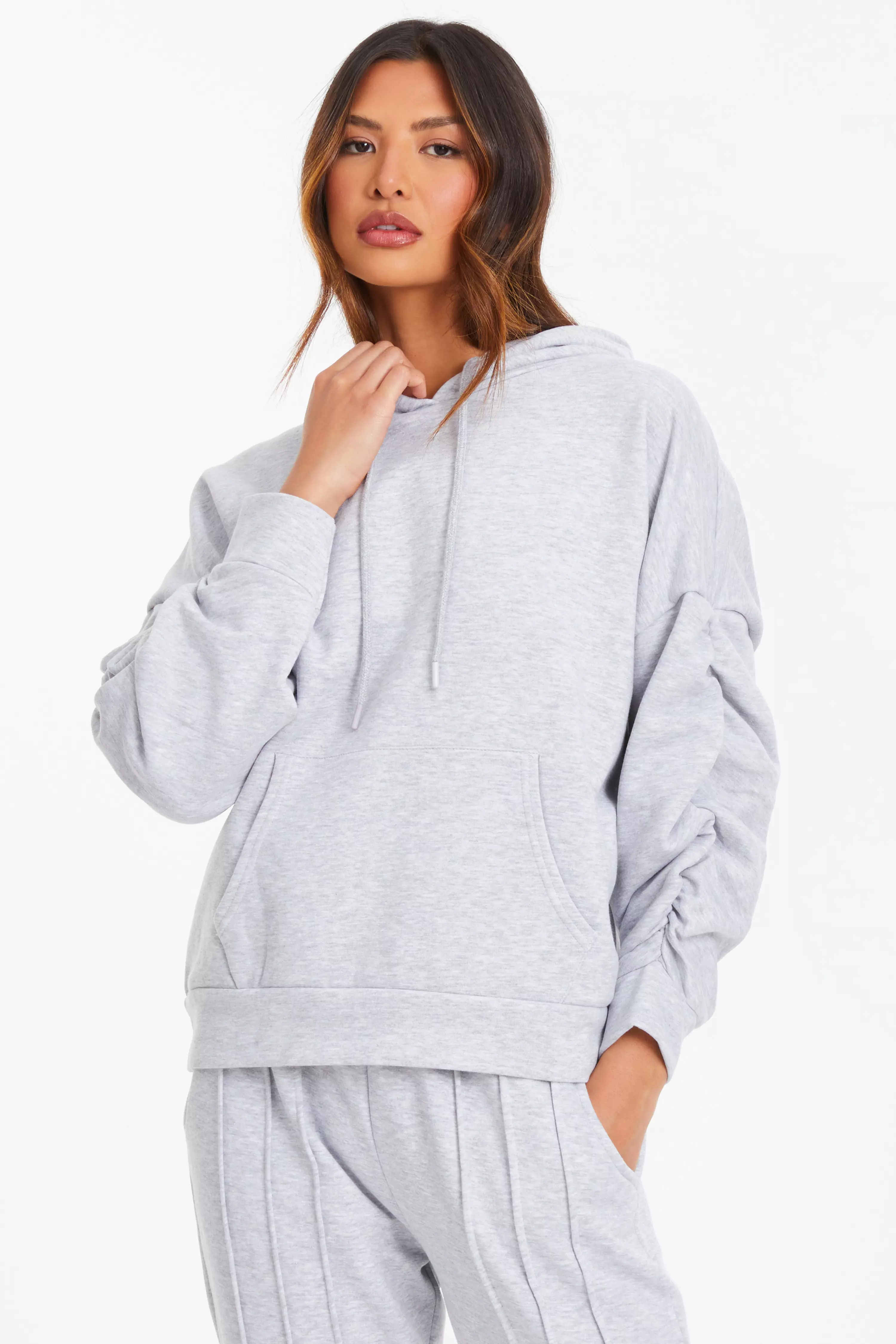 Grey Ruched Sleeve Oversized Hoodie