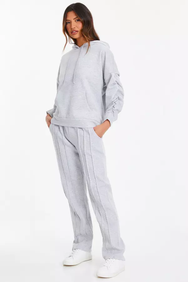 Grey Ruched Sleeve Oversized Hoodie