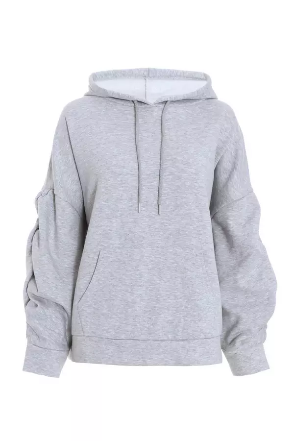 Grey Ruched Sleeve Oversized Hoodie