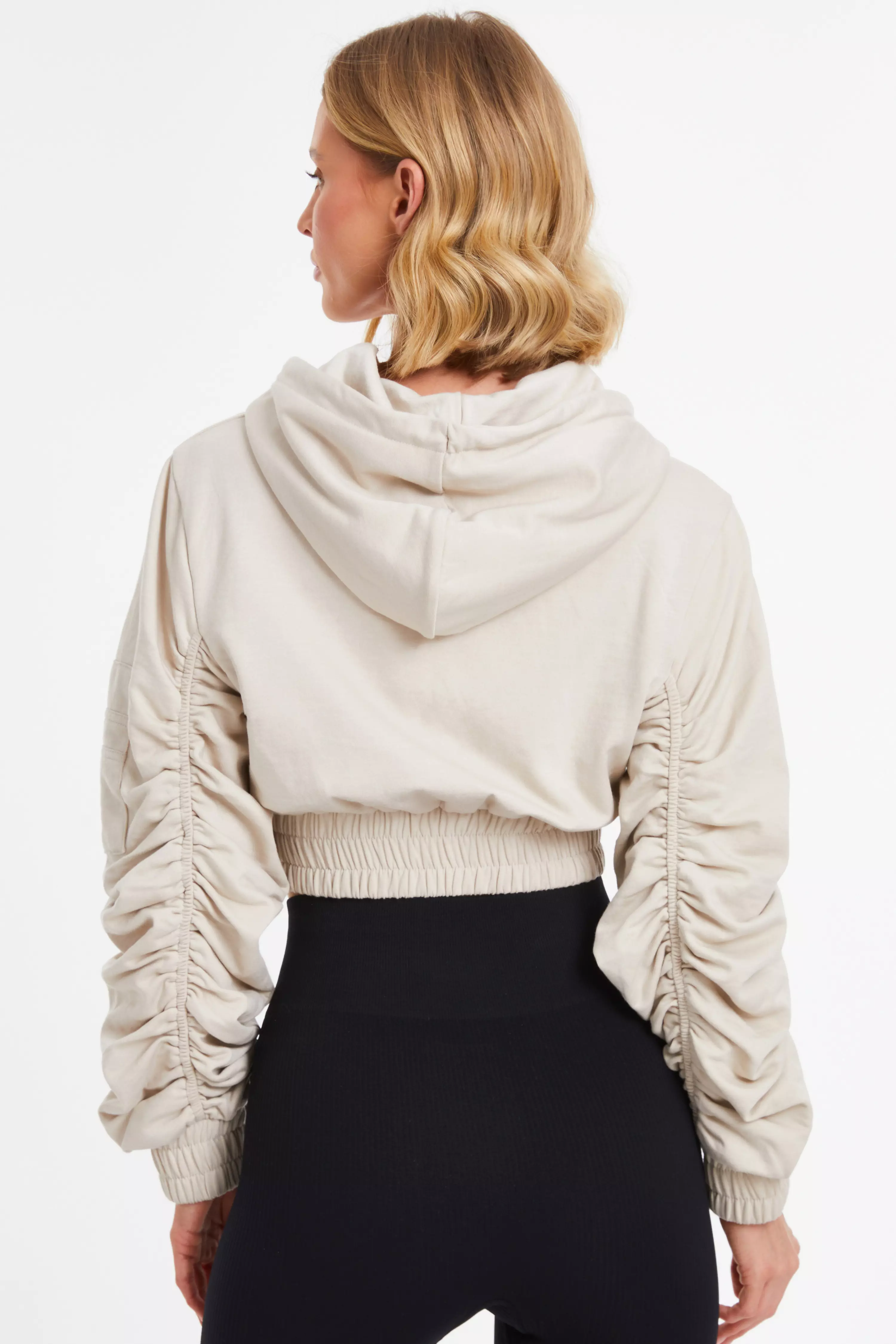 Stone Ruched Sleeve Cropped Hoodie