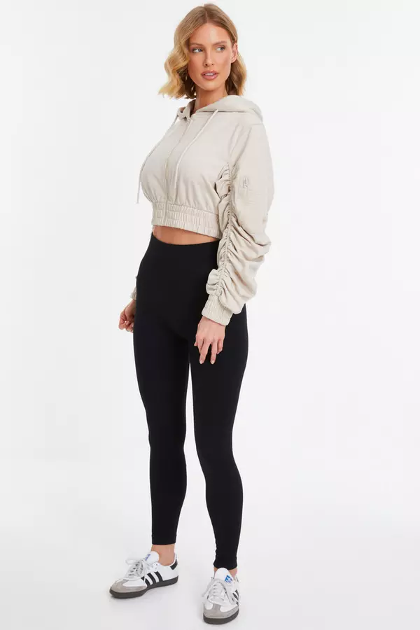 Stone Ruched Sleeve Cropped Hoodie