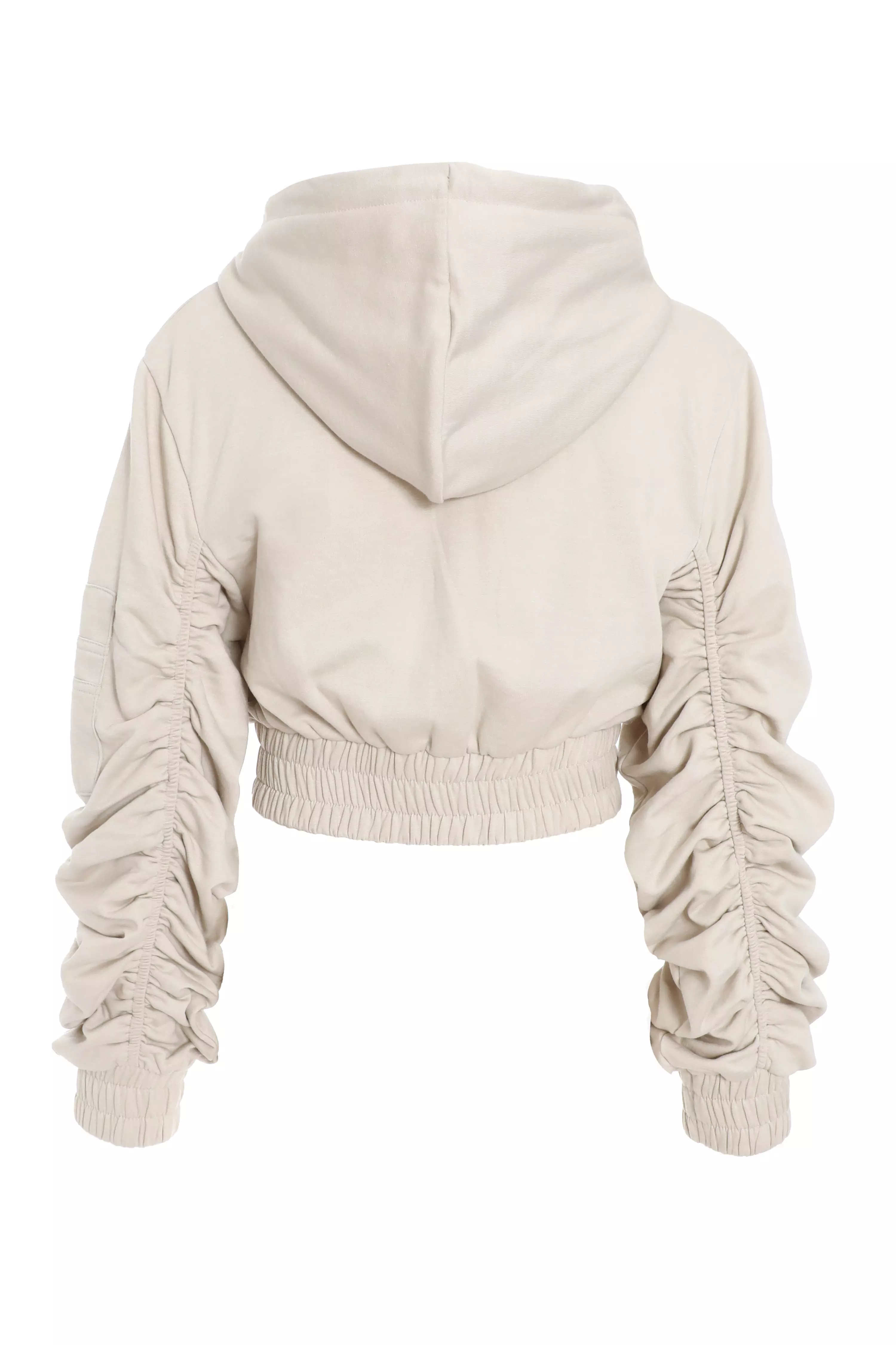 Stone Ruched Sleeve Cropped Hoodie