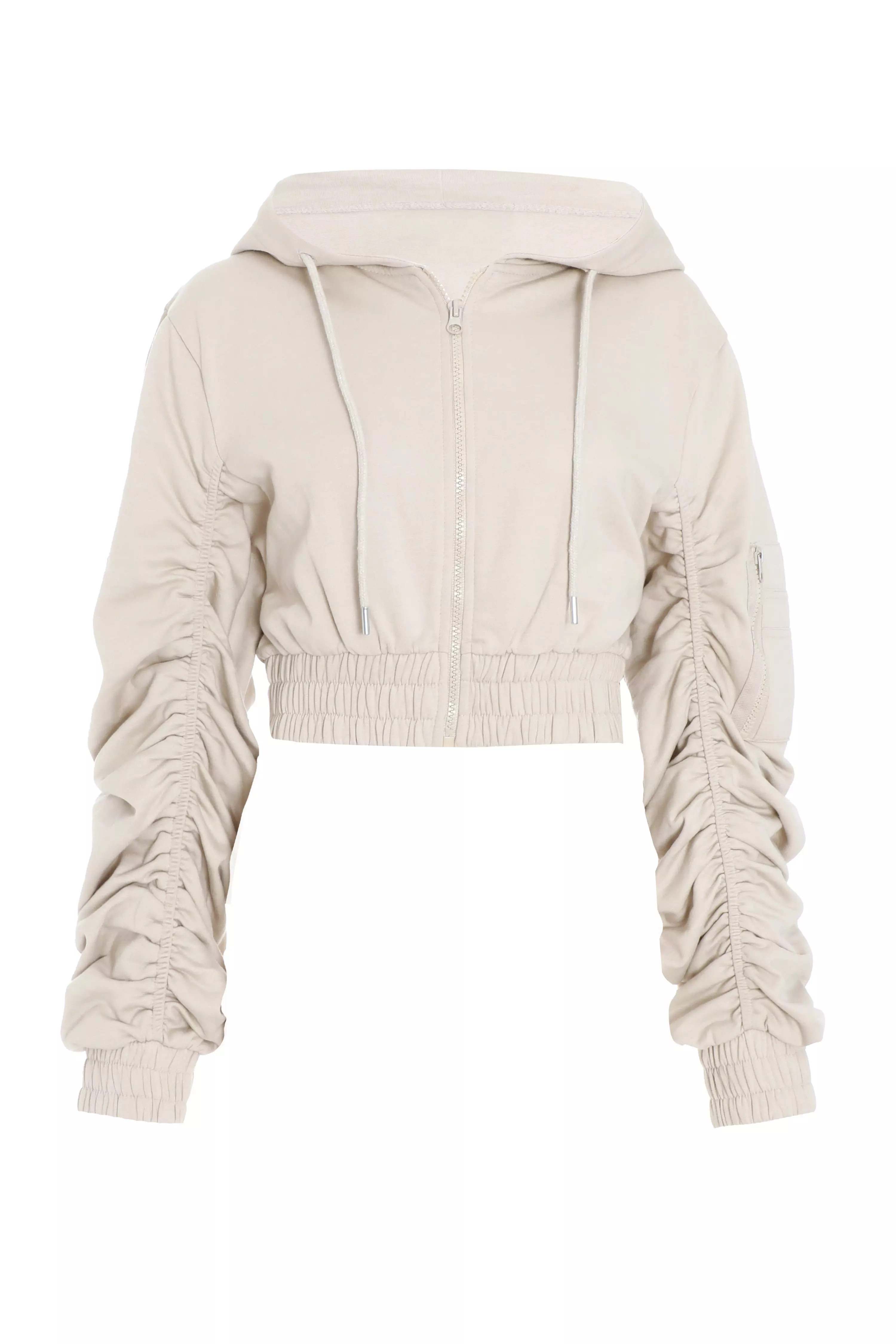 Stone Ruched Sleeve Cropped Hoodie