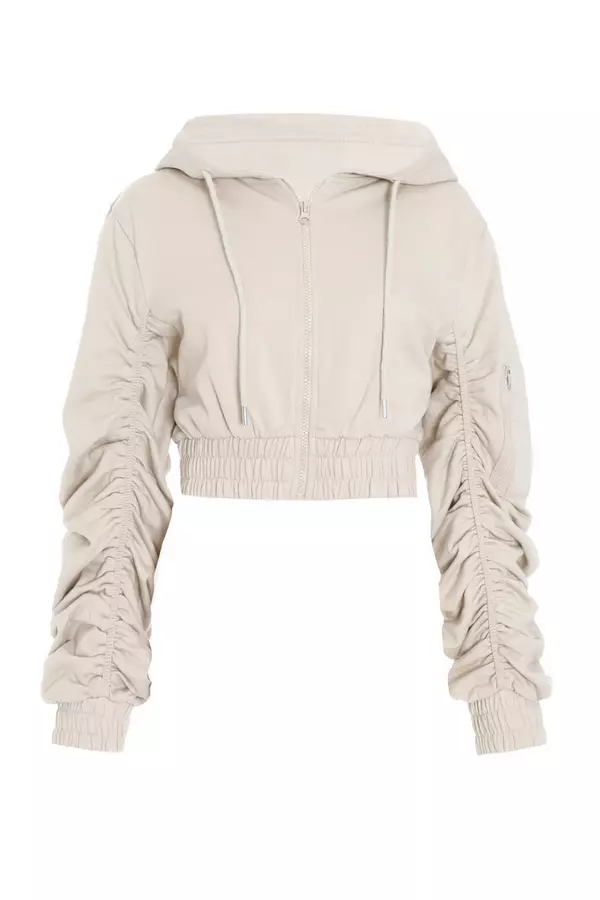 Stone Ruched Sleeve Cropped Hoodie