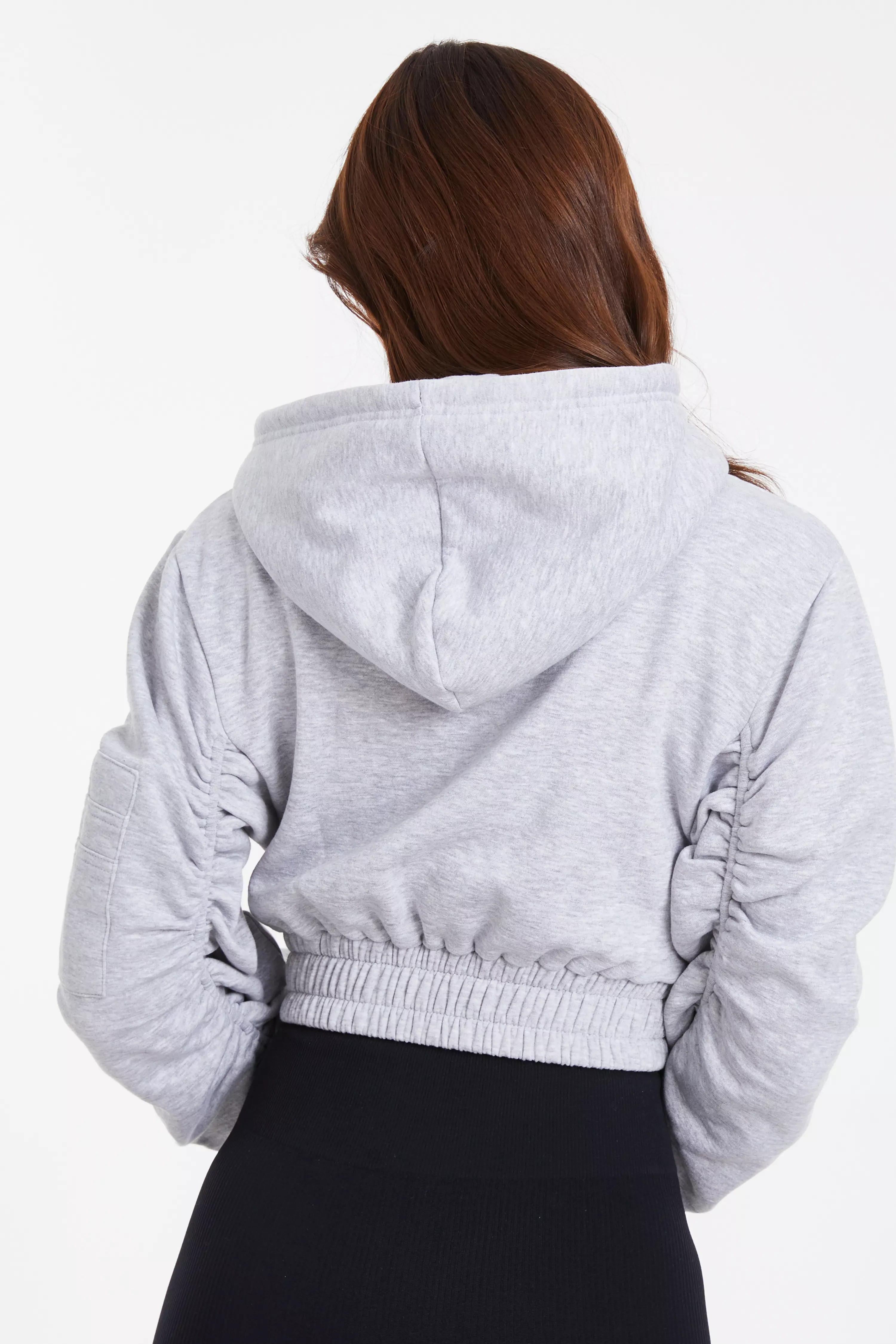 Grey Ruched Sleeve Cropped Hoodie