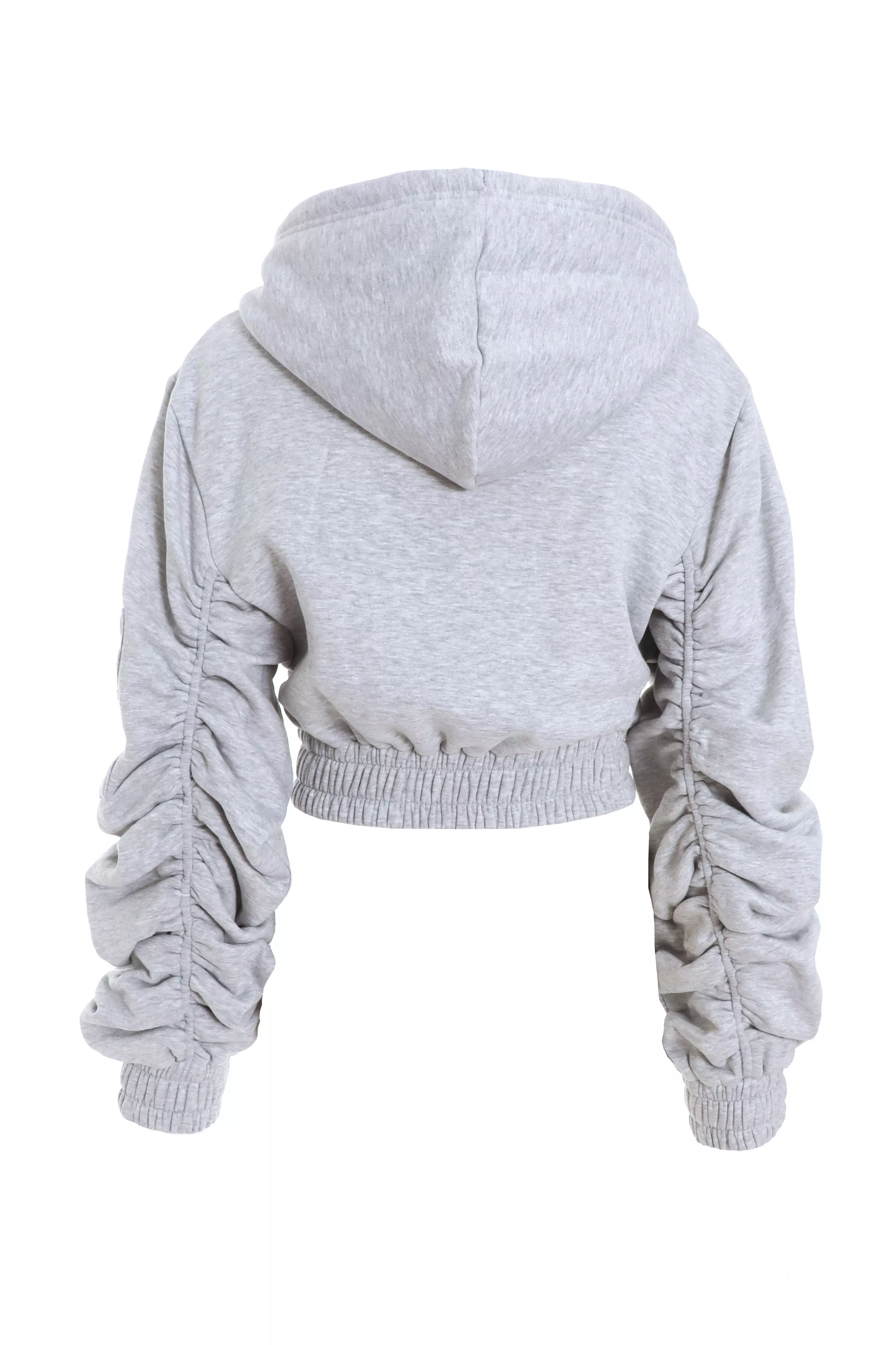 Grey Ruched Sleeve Cropped Hoodie