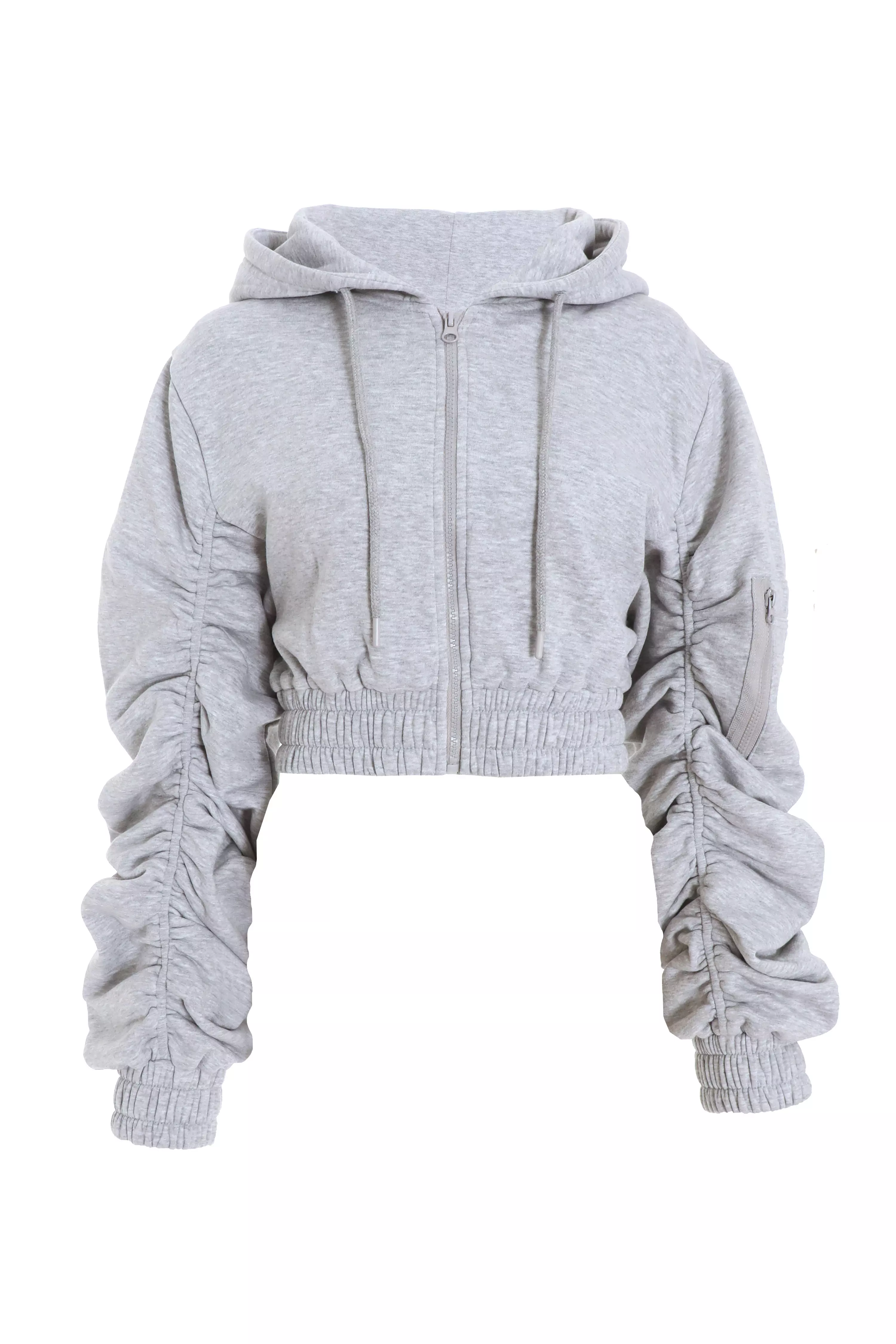 Grey Ruched Sleeve Cropped Hoodie