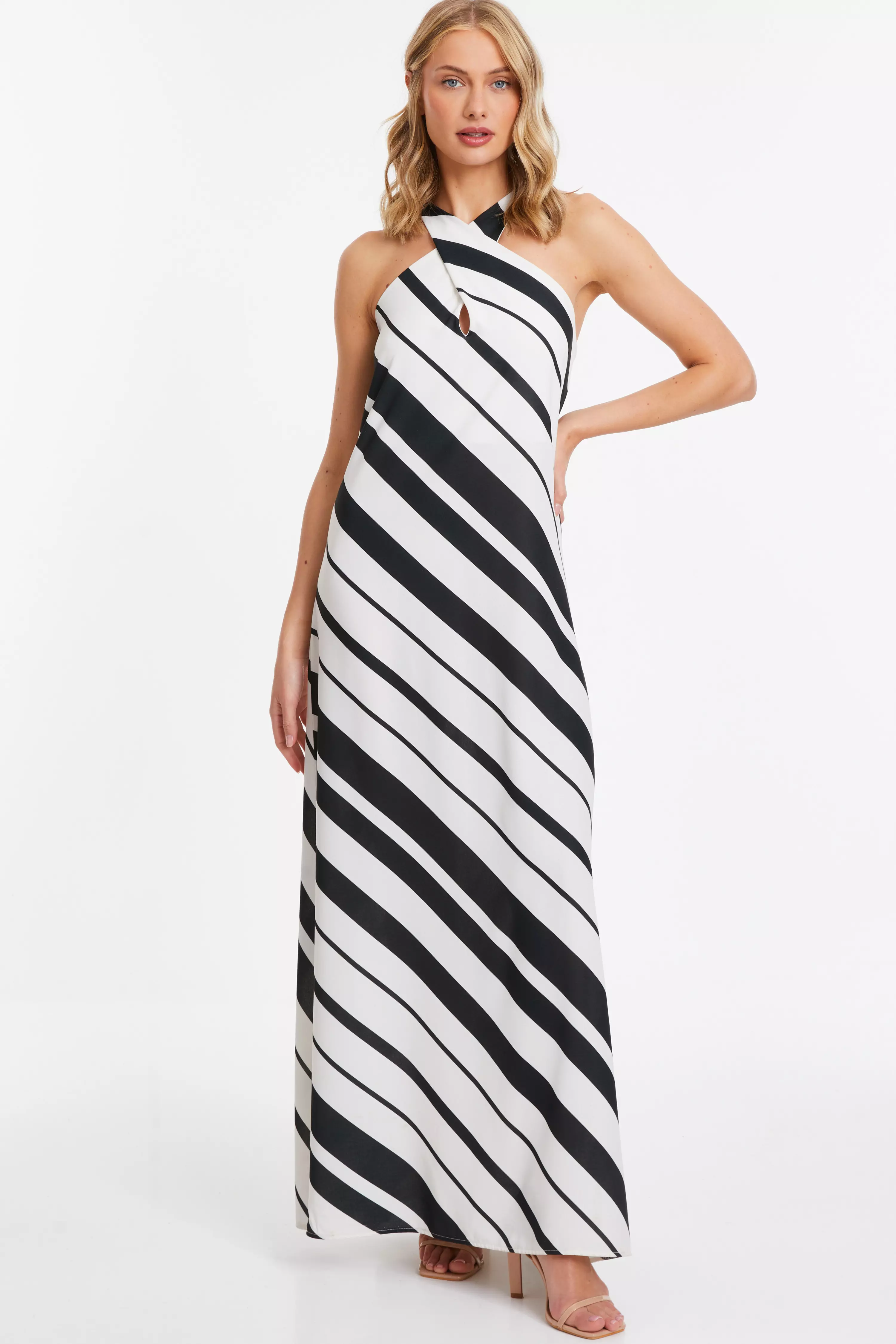 White Stripe Halter Neck Maxi Dress